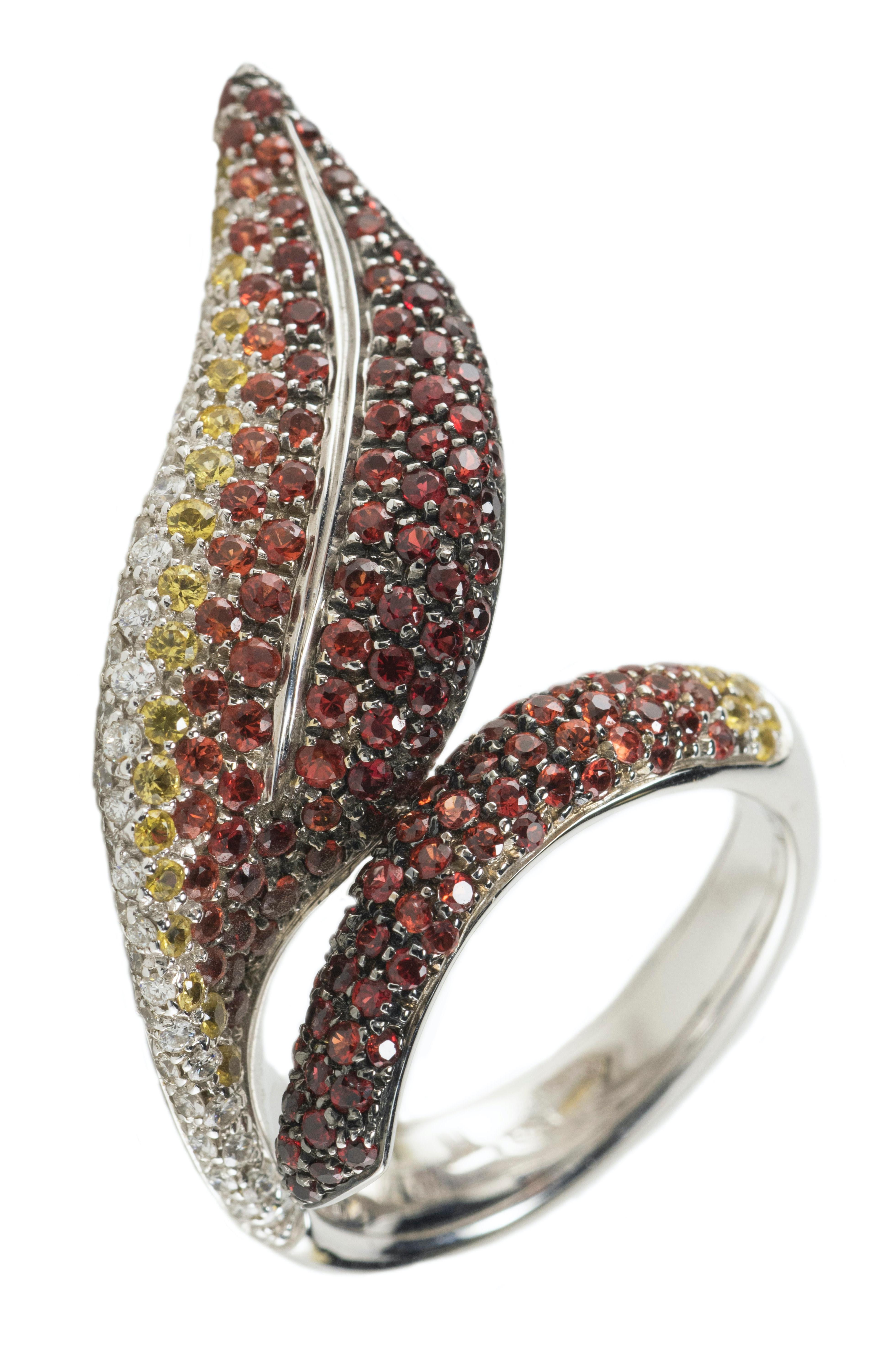 Artist Sapphires and Diamonds 18 Karat Gold Leaf Ring For Sale
