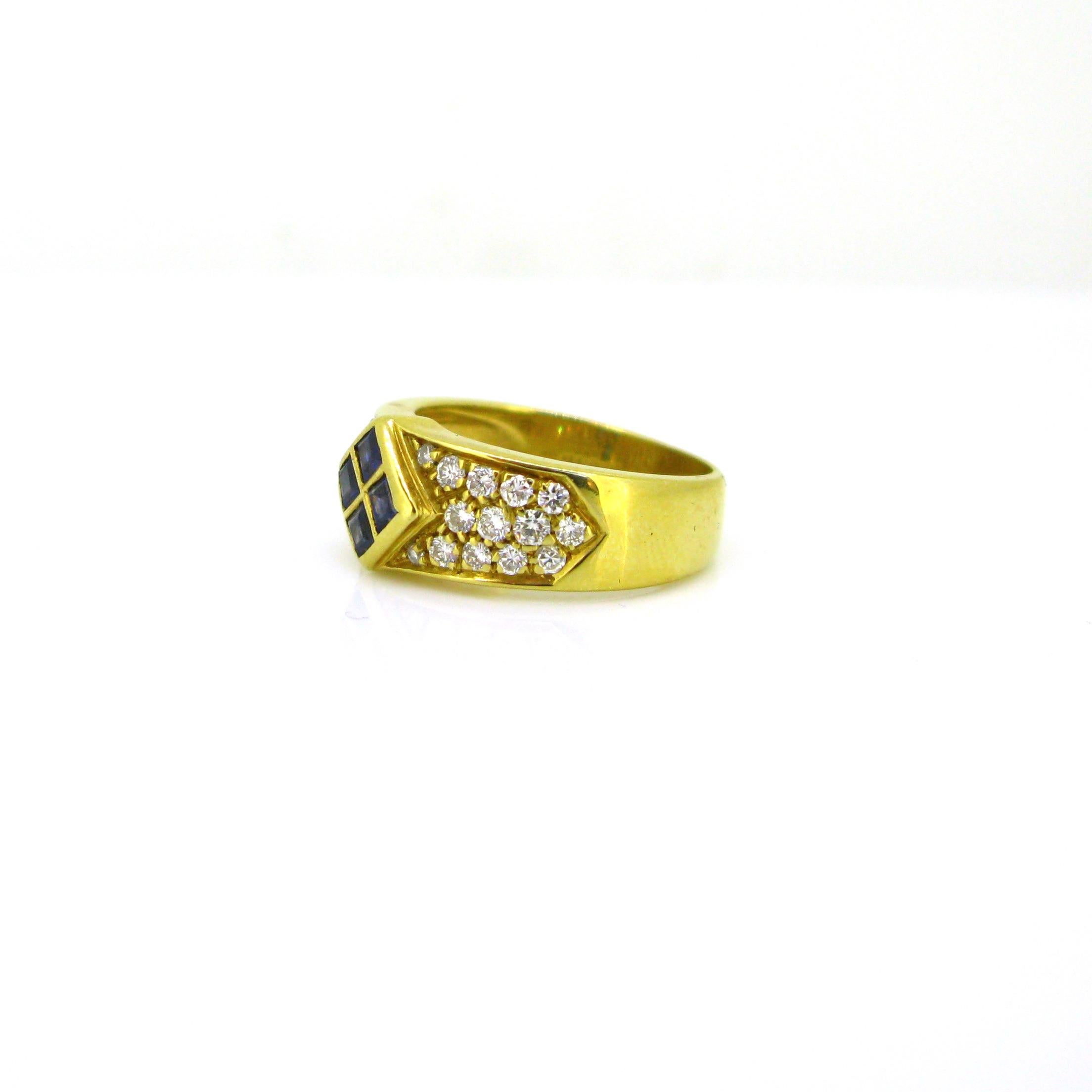 Women's or Men's Sapphires and Diamonds Band Ring by Aldebert, 18kt Yellow Gold, France