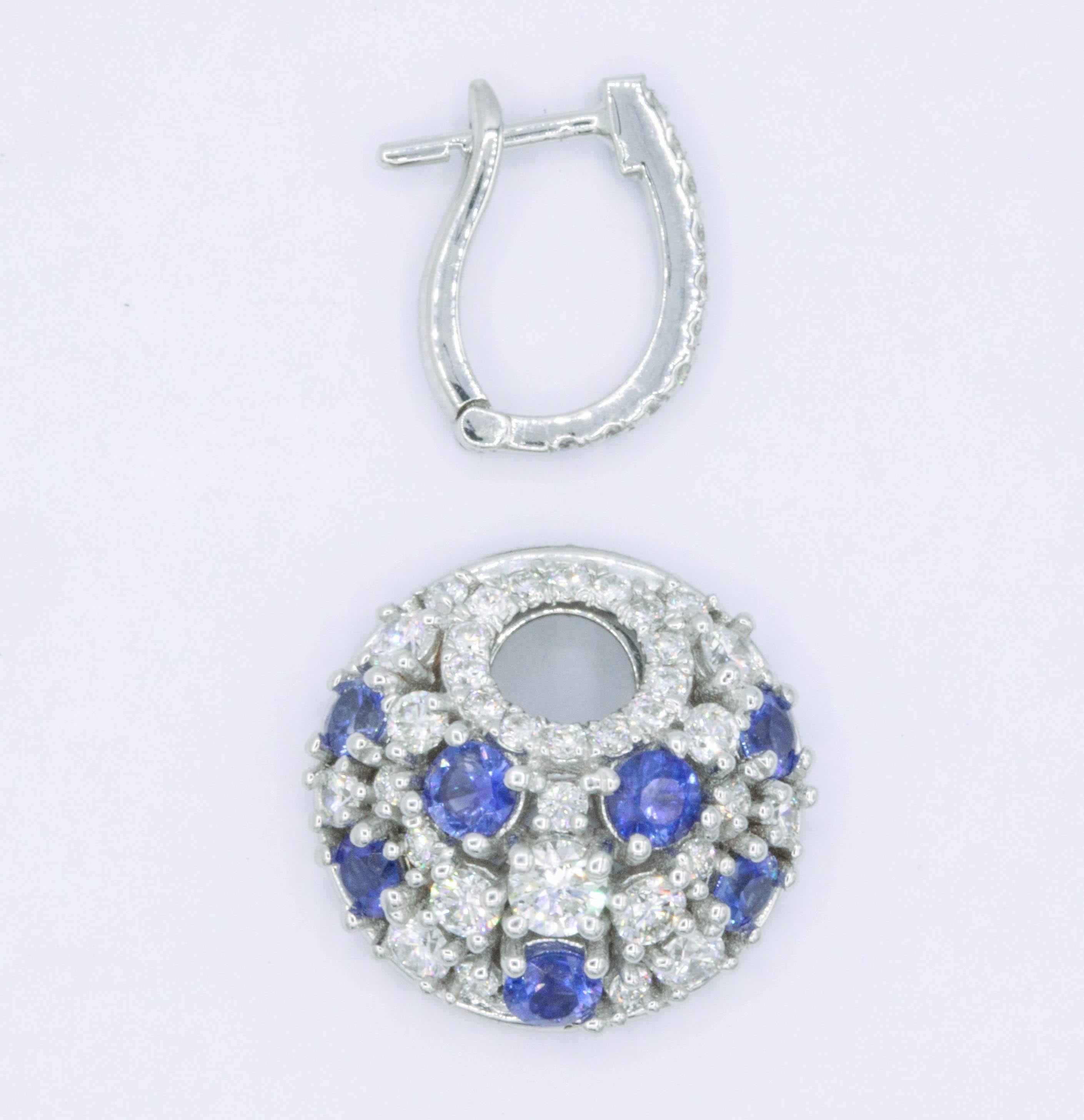 Round Cut Interchangeable Sapphires Diamonds Hoop & Dangle Earrings 4.25 CTTW 18K  For Sale