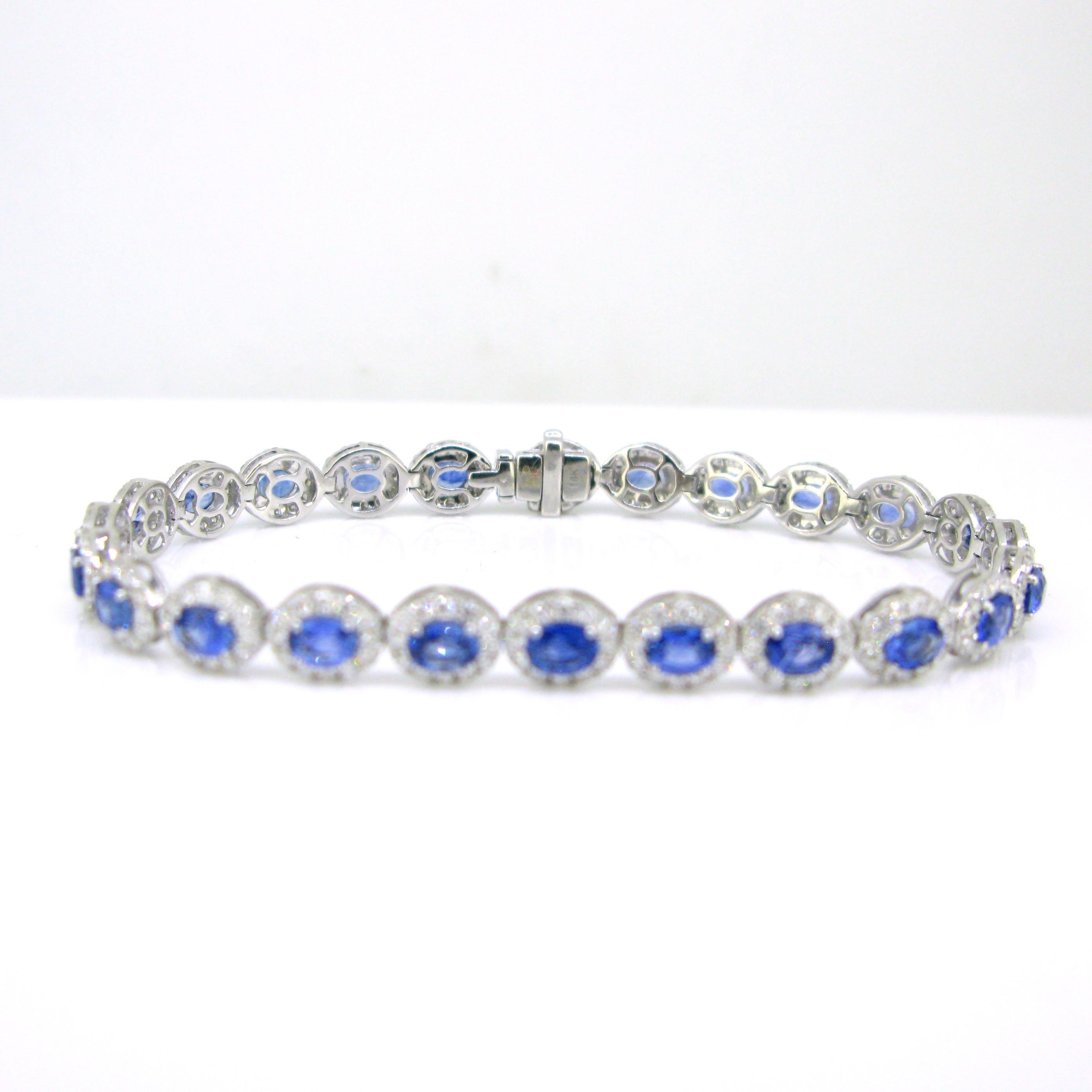 Round Cut Sapphires and Diamonds Riviere Bracelet, 18kt White Gold For Sale