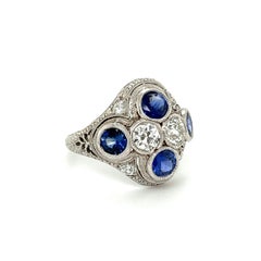 Sapphires and GIA Diamonds Art Deco Style Platinum Cocktail Ring Fine Jewelry
