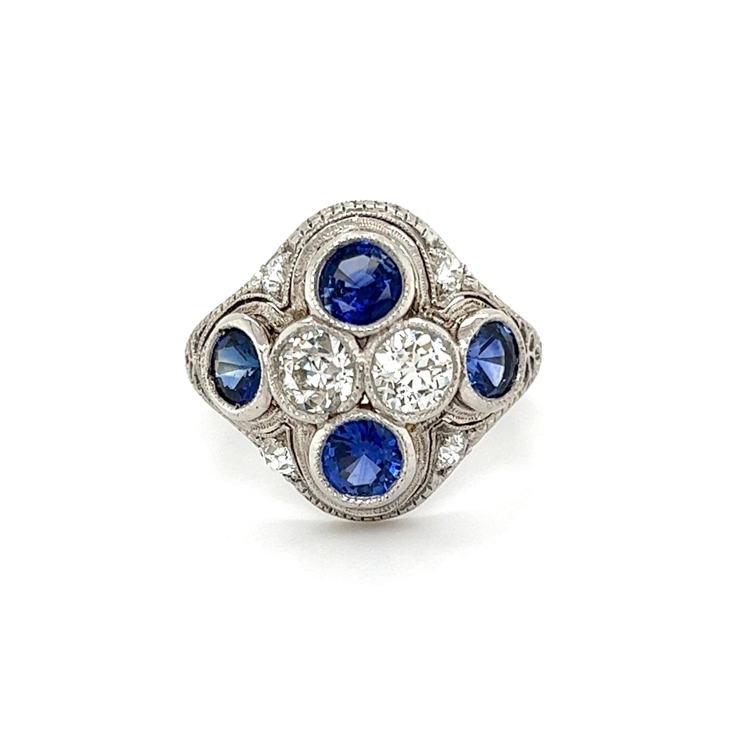 Sapphires and GIA Diamonds Art Deco Platinum Cocktail Ring Estate Fine Jewelry In Excellent Condition For Sale In Montreal, QC