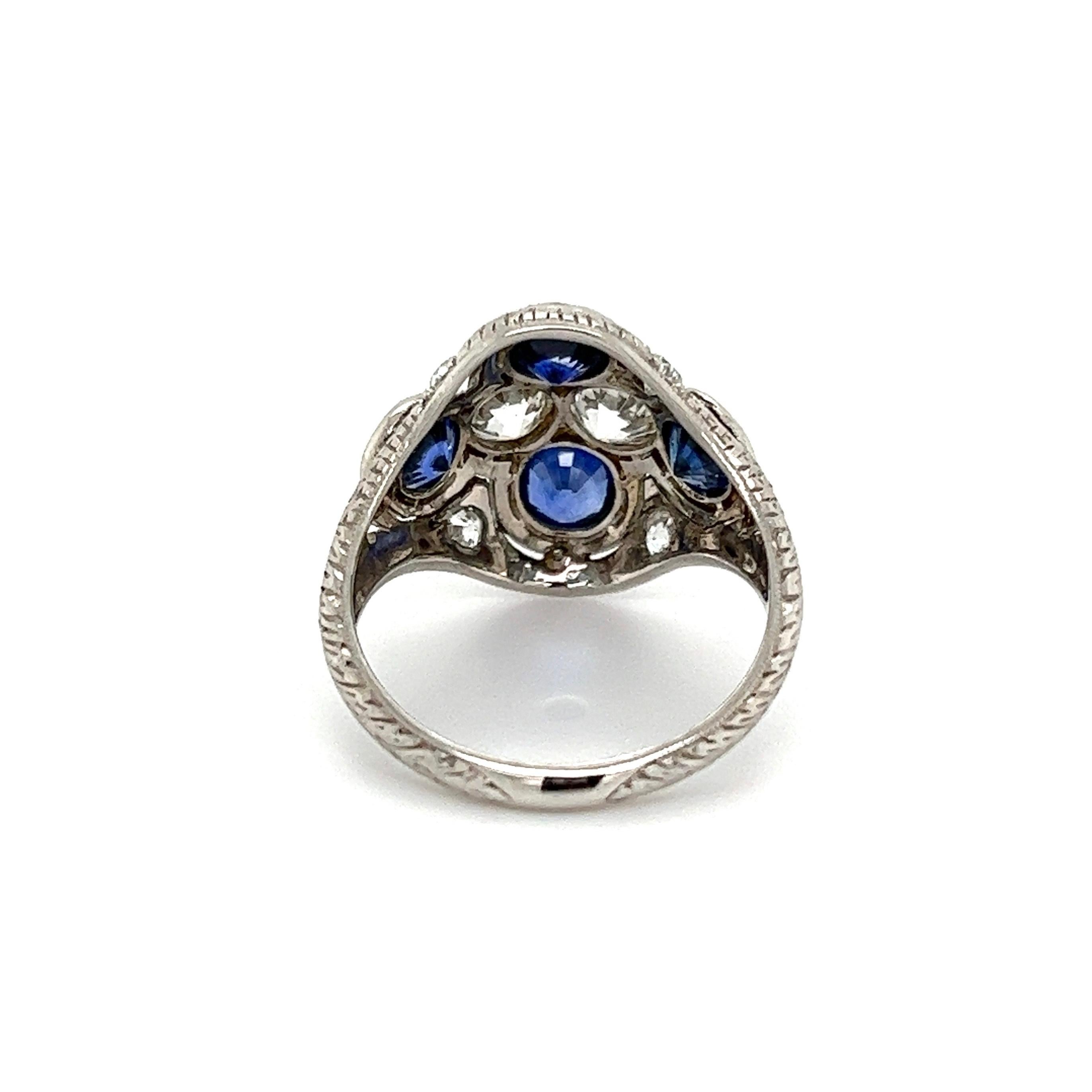 Women's Sapphires and GIA Diamonds Art Deco Platinum Cocktail Ring Estate Fine Jewelry For Sale