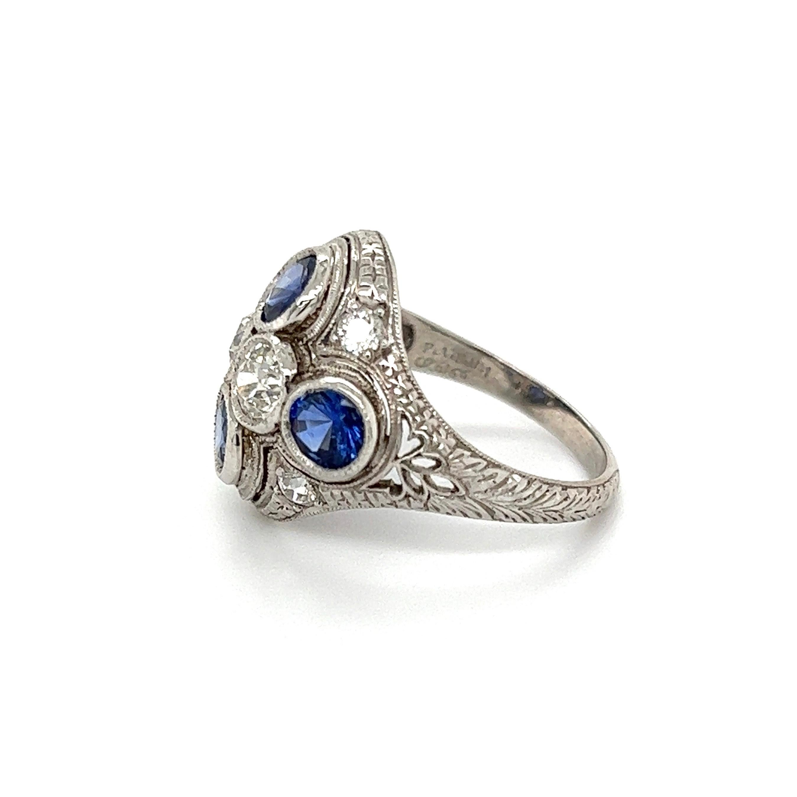 Sapphires and GIA Diamonds Art Deco Platinum Cocktail Ring Estate Fine Jewelry For Sale 1