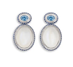 Sapphires and Moon Stones White Gold Earrings
