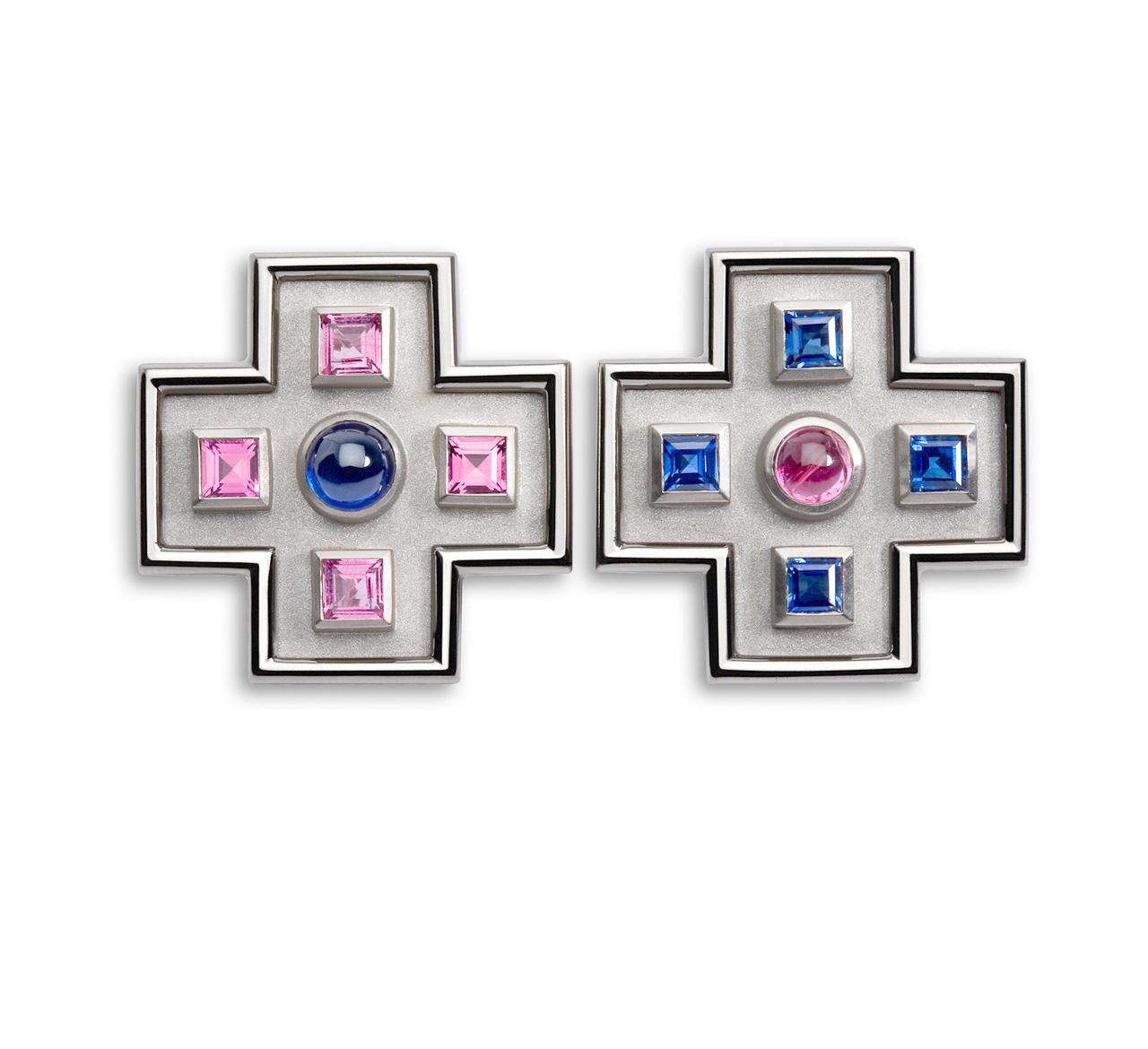 This fabulous pair of crux studs is made in 18 karat white gold and are handcrafted. With 4 rubellite carrés 1.35 ct each and 4 sapphires 2,1 ct each and also 1 sapphire 0,60 ct and 1 rubellite 0,85 ct. Weight 30gr.