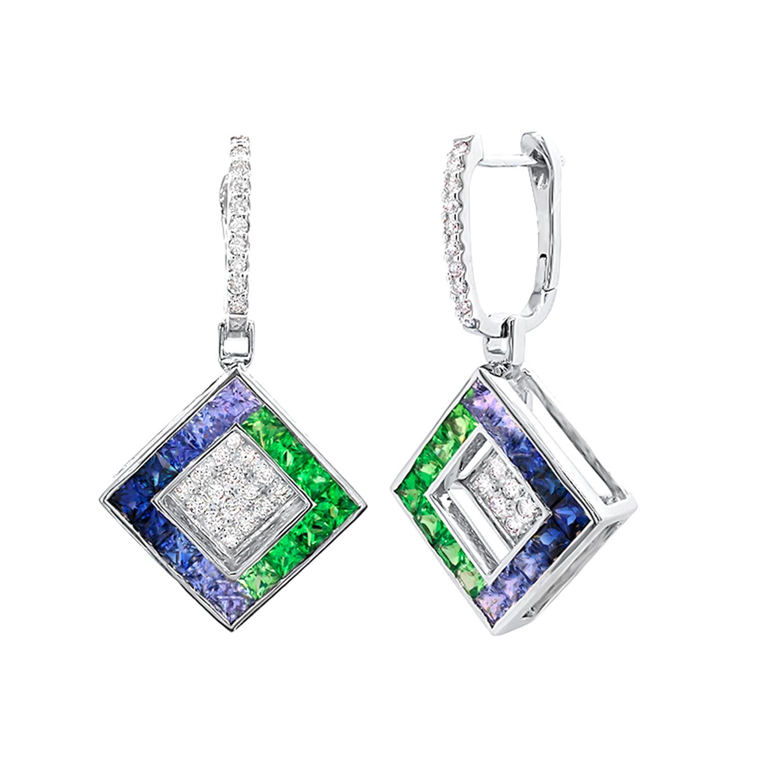 Mixed Cut Sapphires and Tsavorites Dangle Earring Diamonds 4.27 Carats 18K White Gold For Sale