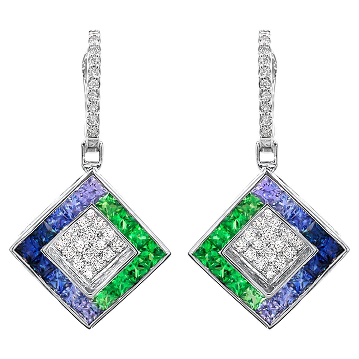 Pendants d'oreilles en or blanc 18 carats avec saphirs, tsavorites et diamants 4,27 carats