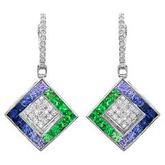 Sapphires and Tsavorites Dangle Earring Diamonds 4.27 Carats 18K White Gold