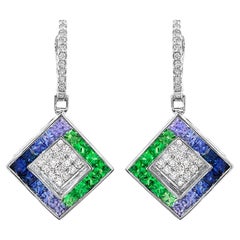 Sapphires and Tsavorites Dangle Earring Diamonds 4.27 Carats 18K White Gold