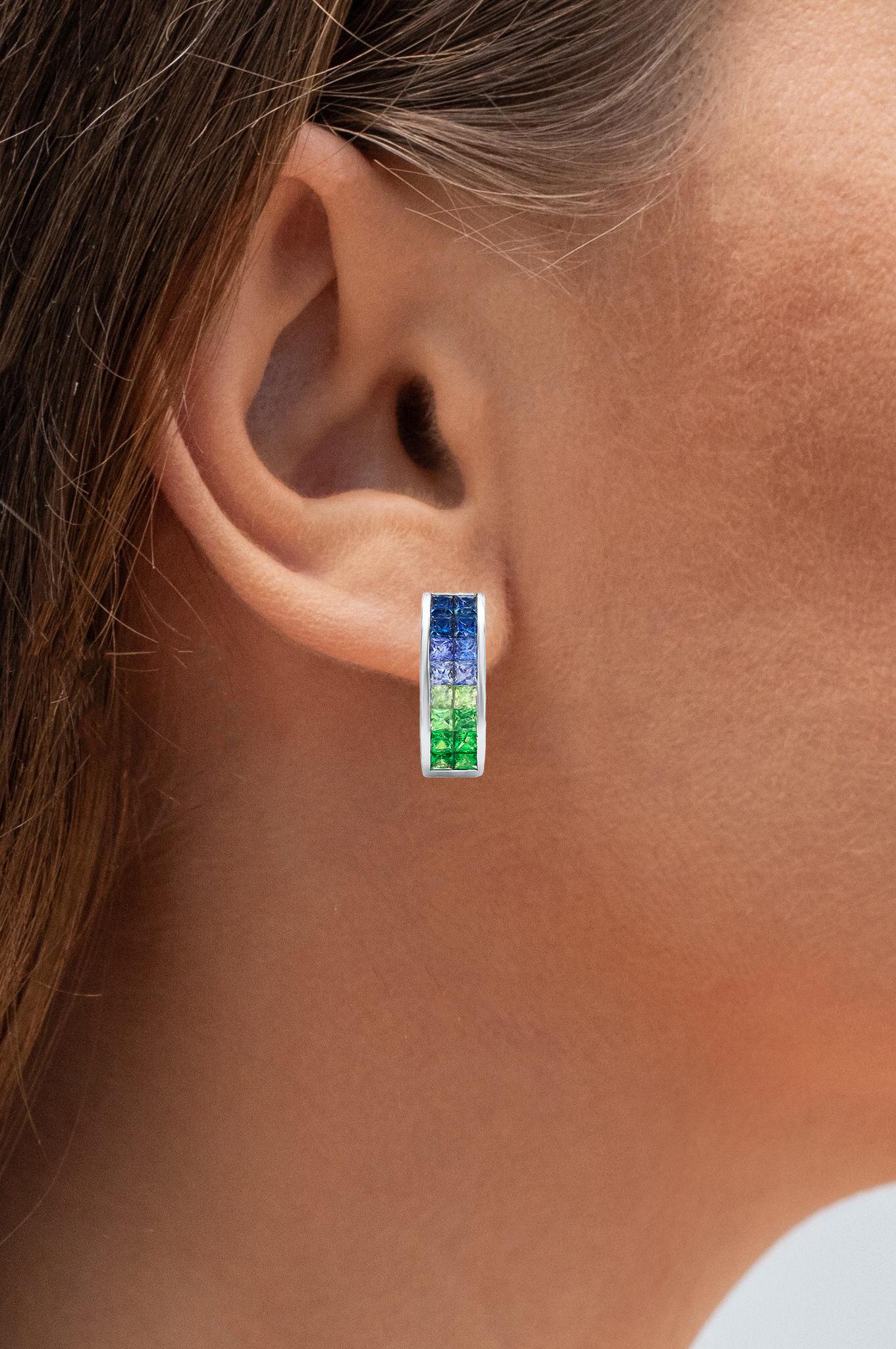 Contemporary Sapphires and Tsavorites Hoop Earring 3.5 Carats 18K White Gold For Sale