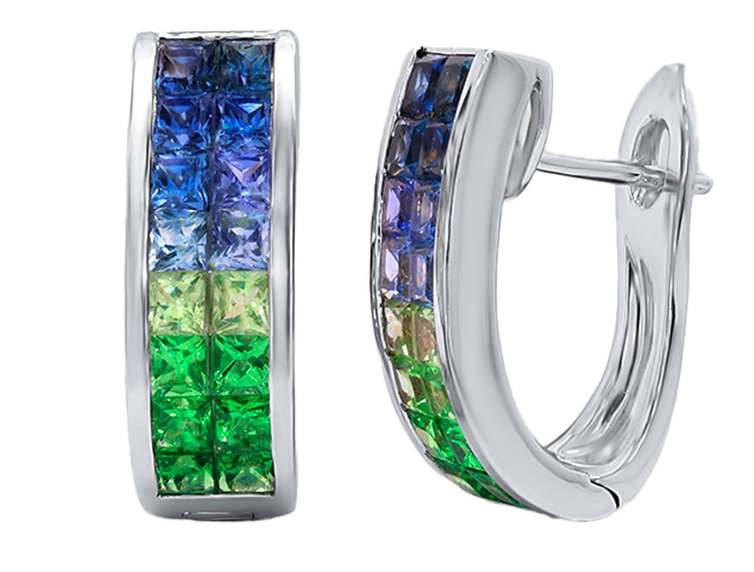 Princess Cut Sapphires and Tsavorites Hoop Earring 3.5 Carats 18K White Gold For Sale