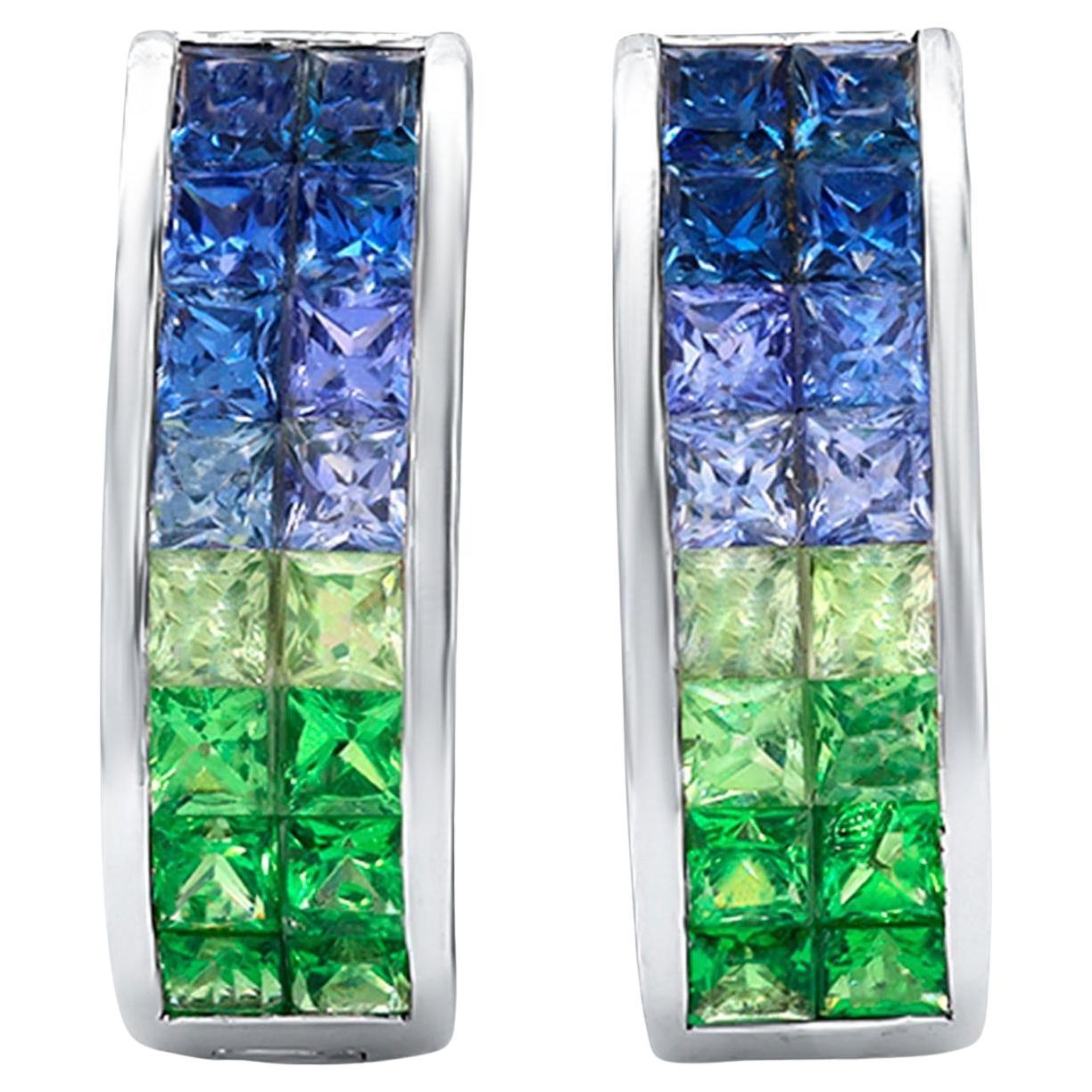 Sapphires and Tsavorites Hoop Earring 3.5 Carats 18K White Gold