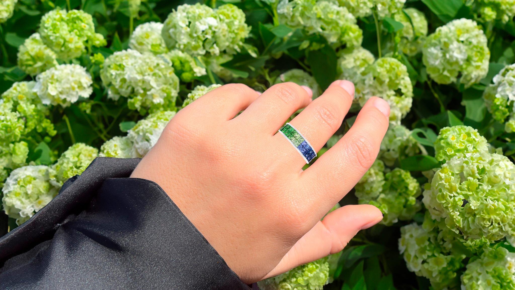 It comes with the Gemological Appraisal by GIA GG/AJP
All Gemstones are Natural in Origin
Gemstones: Multicolor Sapphires, Tsavorites
Total Carat Weight: 2.40 Carats
Total Quantity: 22 Gemstones
Metal: 18K White Gold
Ring Size: 6.5* US
*It can be