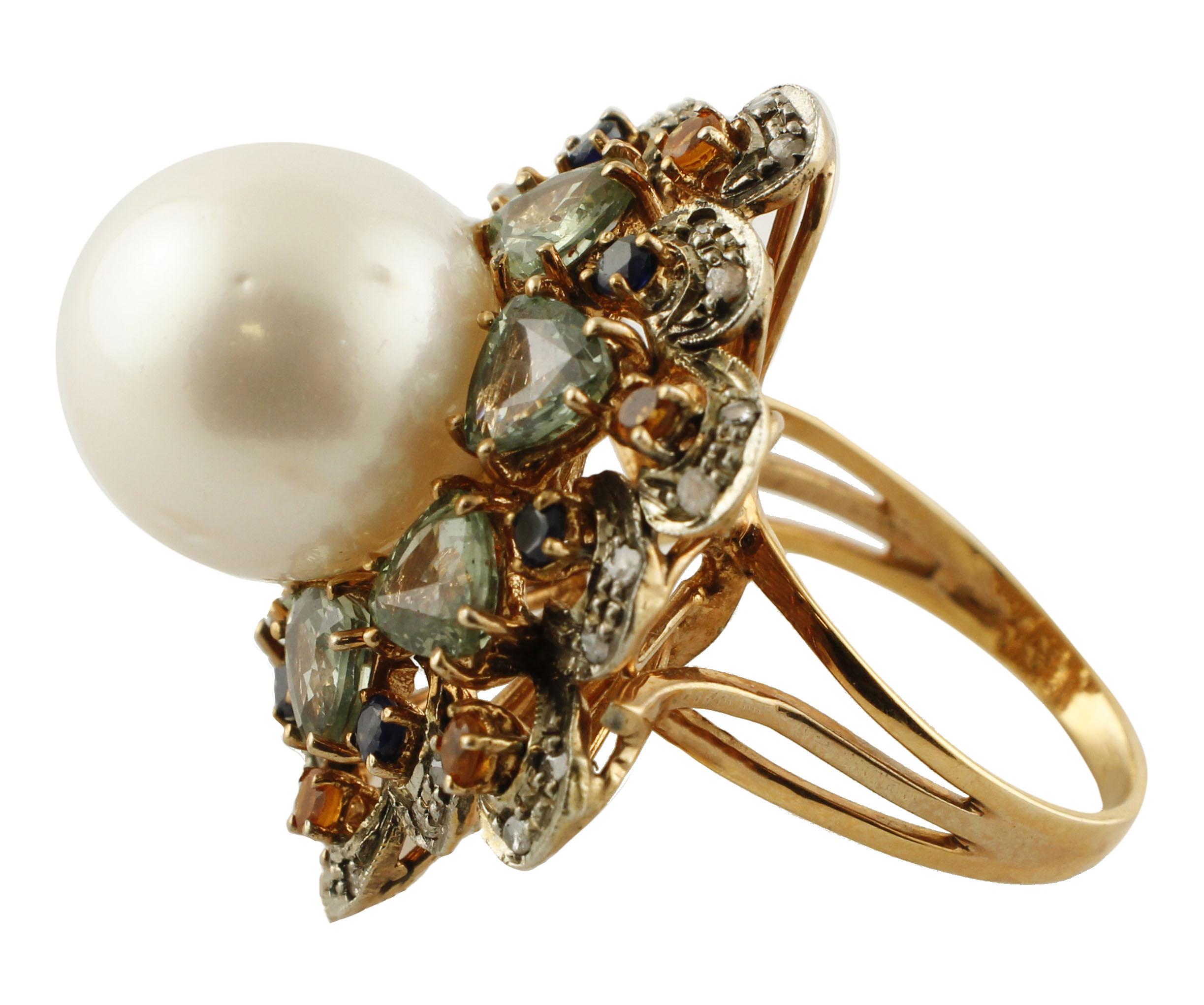 Retro Sapphires Australian Pearls Diamonds Rose Gold and Silver Cocktail Ring