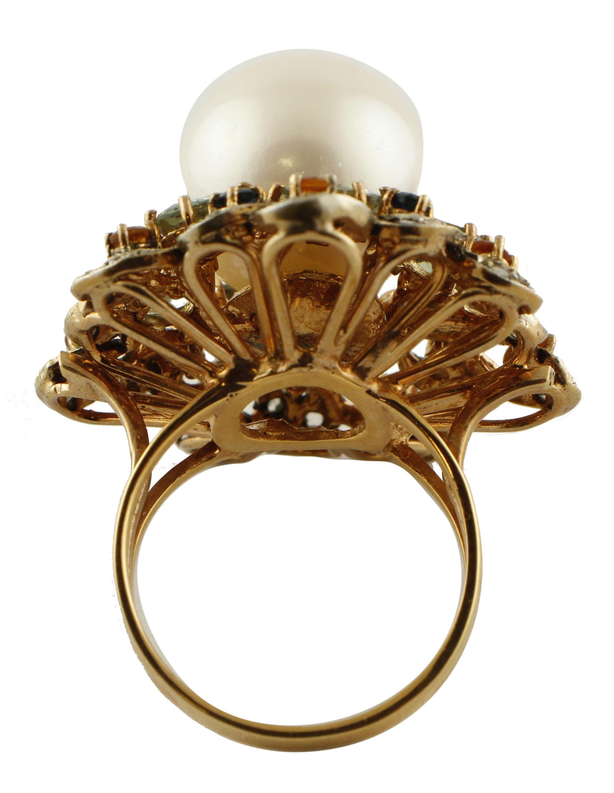 Mixed Cut Sapphires Australian Pearls Diamonds Rose Gold and Silver Cocktail Ring