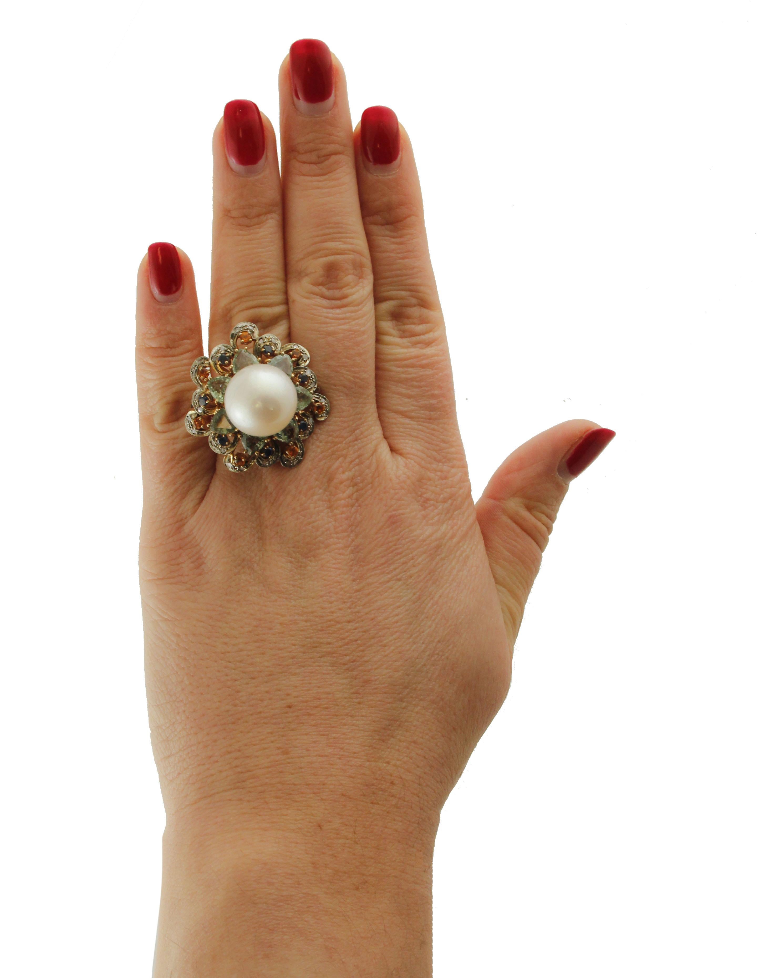 Women's Sapphires Australian Pearls Diamonds Rose Gold and Silver Cocktail Ring