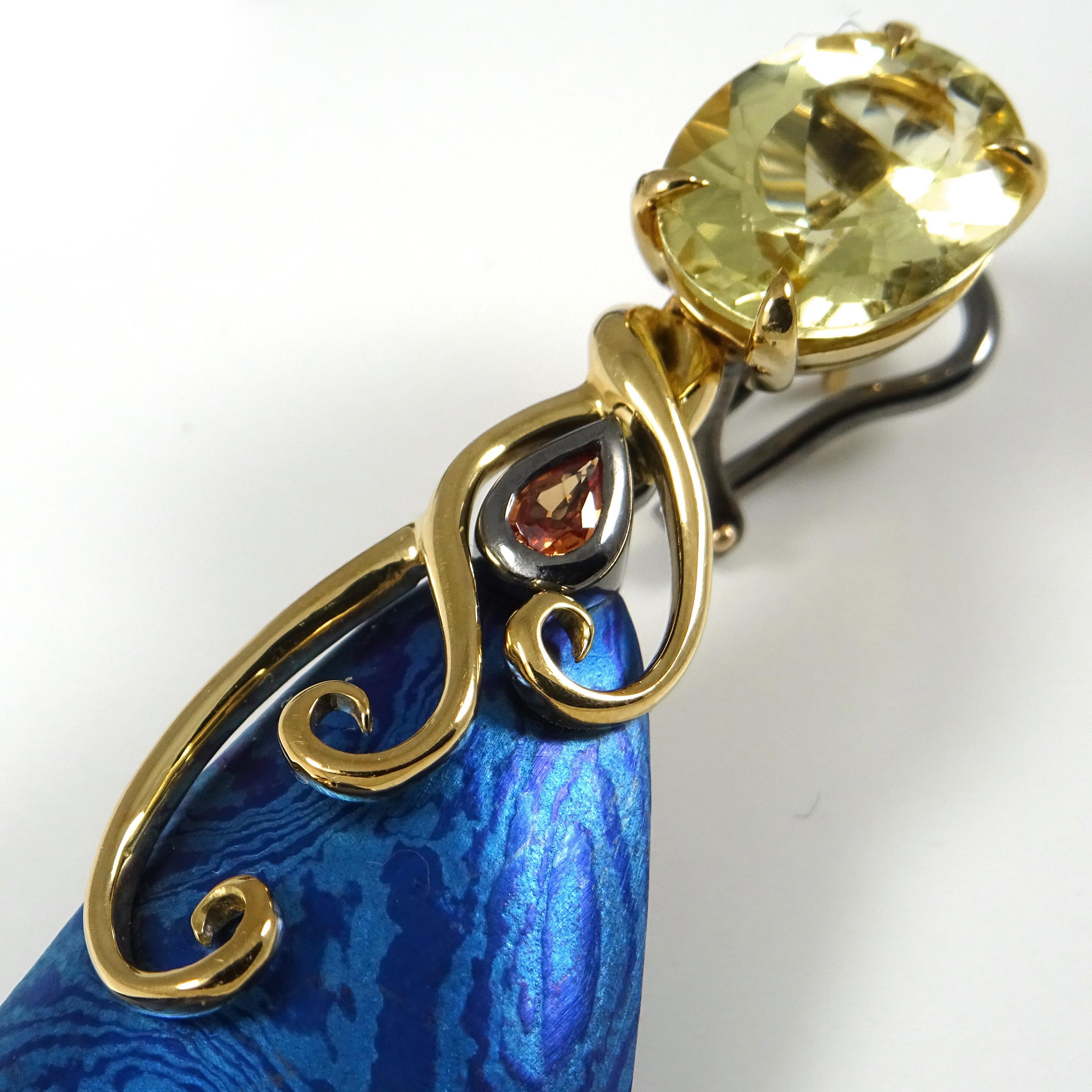 Women's Orange pink Sapphires Yellow Beryl 18 Karat Gold Silver Blue Timascus Earrings  For Sale