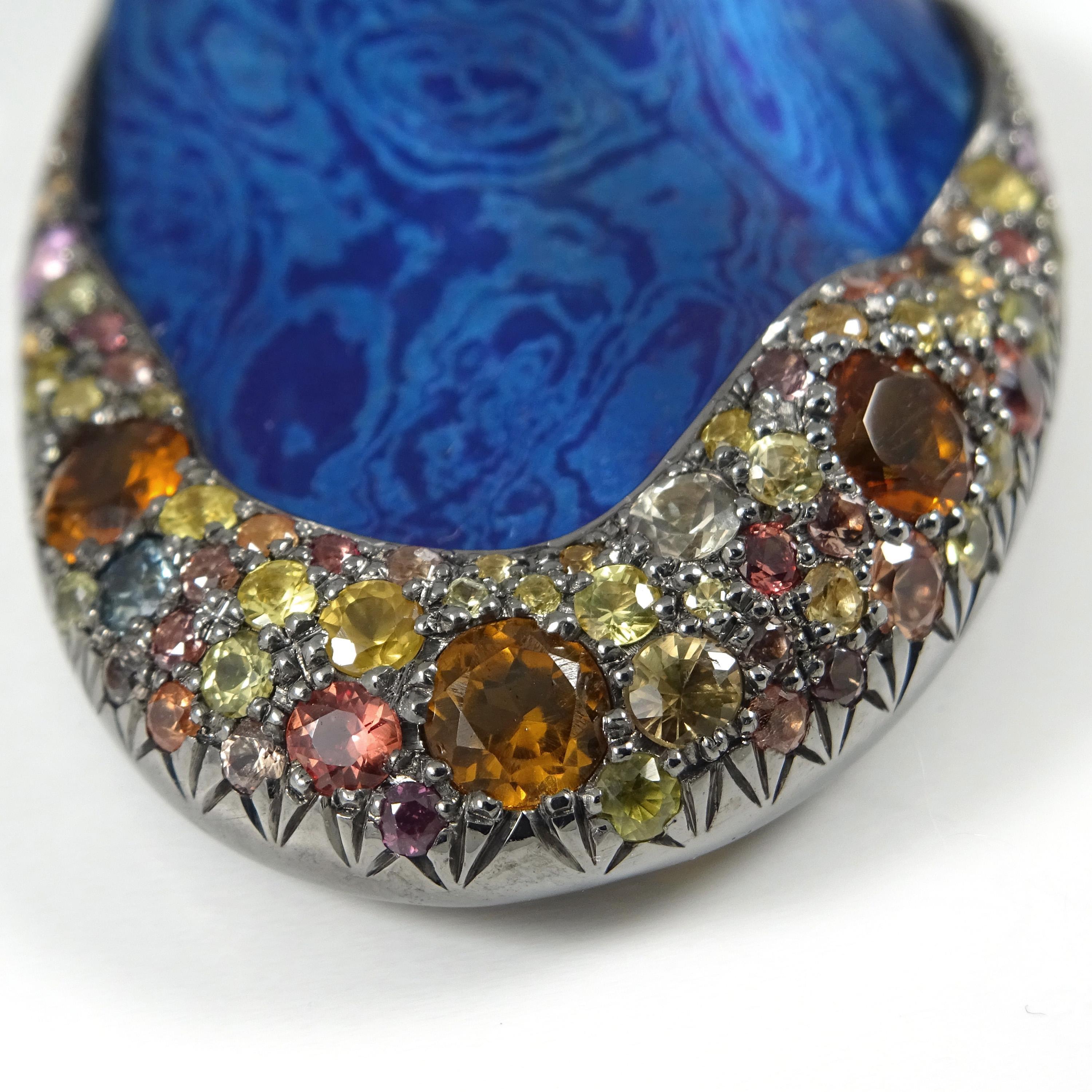 Orange pink Sapphires Yellow Beryl 18 Karat Gold Silver Blue Timascus Earrings  For Sale 2