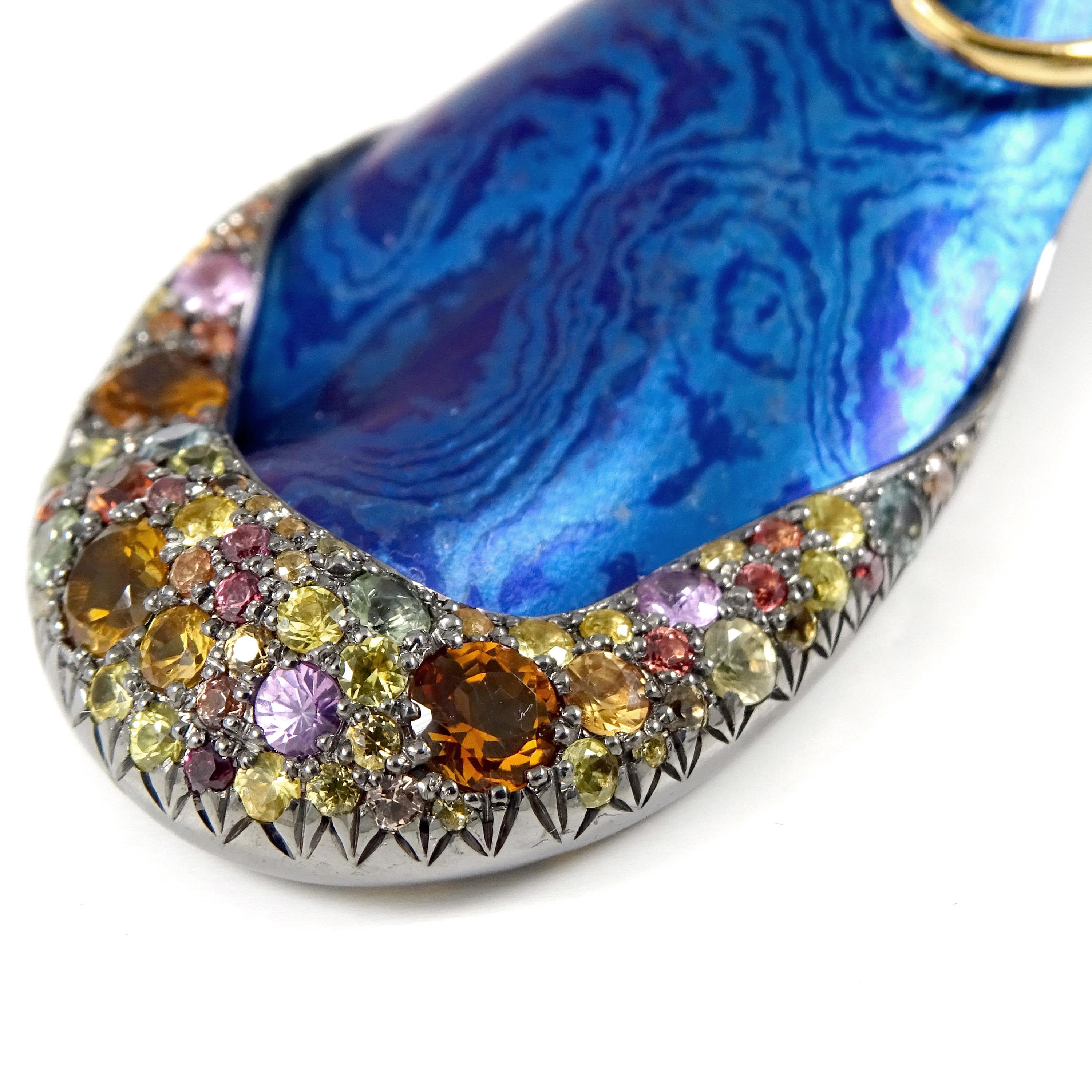 Orange pink Sapphires Yellow Beryl 18 Karat Gold Silver Blue Timascus Earrings  For Sale 3