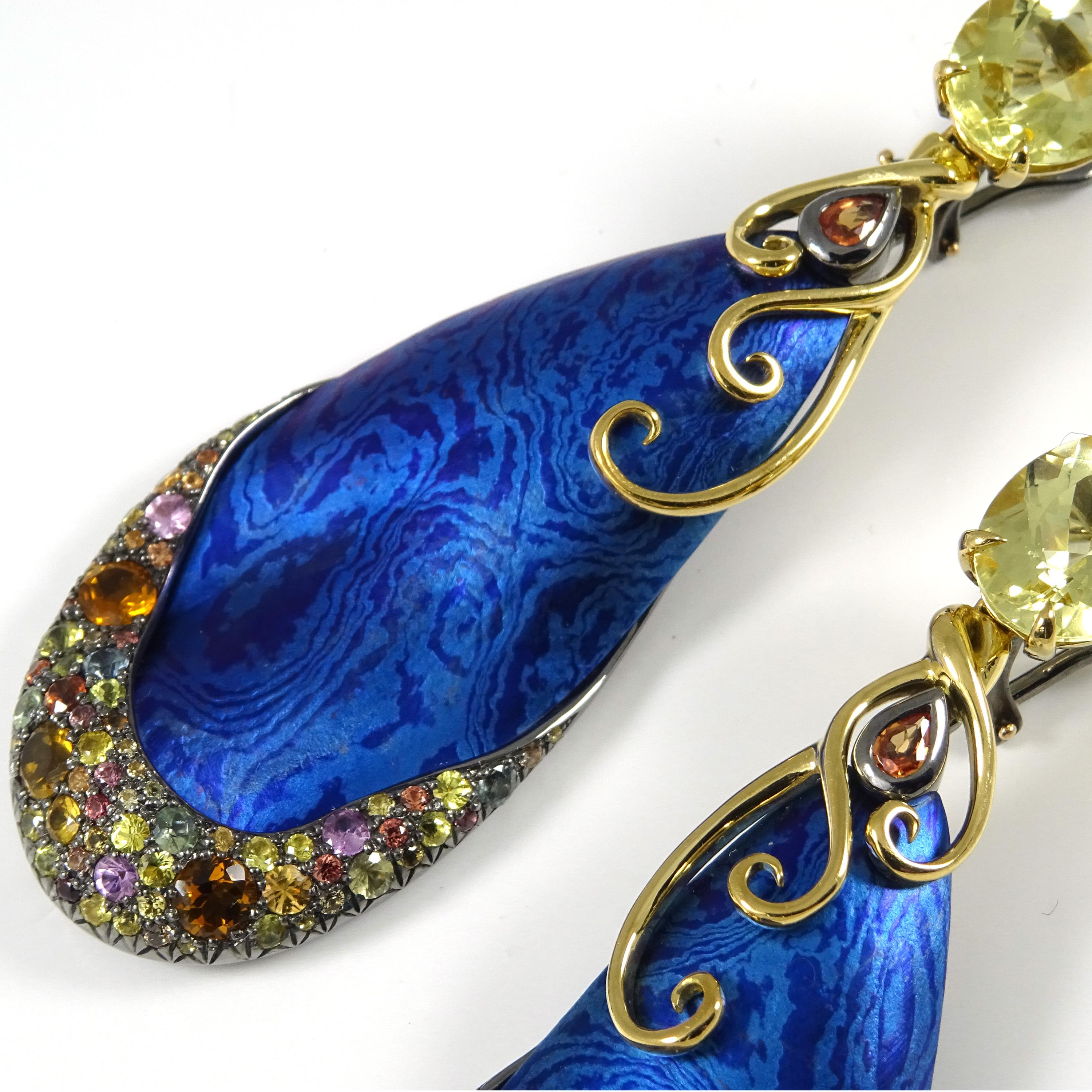 Orange pink Sapphires Yellow Beryl 18 Karat Gold Silver Blue Timascus Earrings  For Sale 1