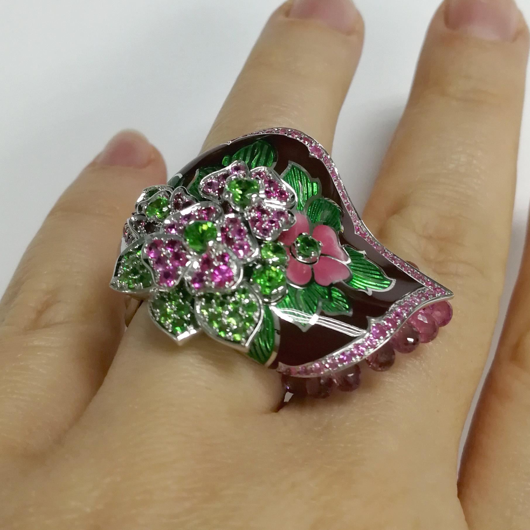 Sapphires Briolettes Tsavorites Enamel 18 Karat White Gold A'la Russe Big Ring For Sale 3