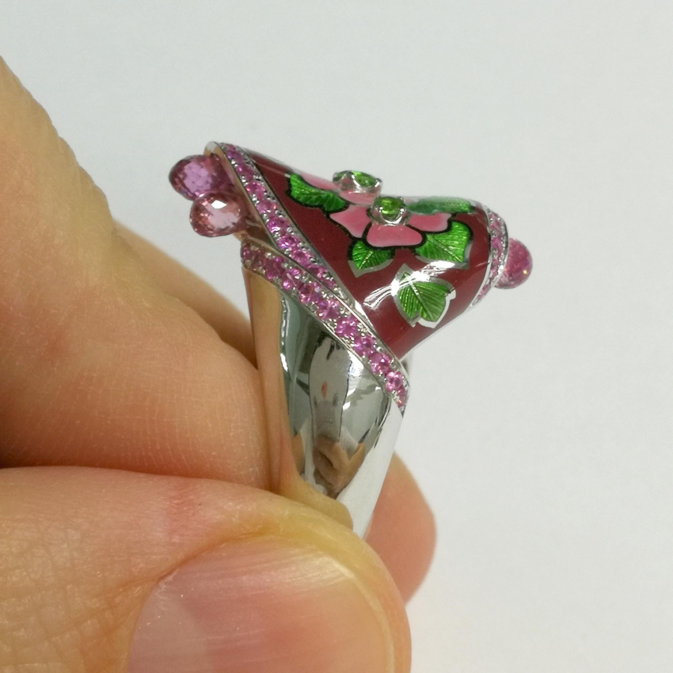 Sapphires Briolettes Tsavorites Enamel 18 Karat White Gold A'la Russe Small Ring In Excellent Condition For Sale In Bangkok, TH