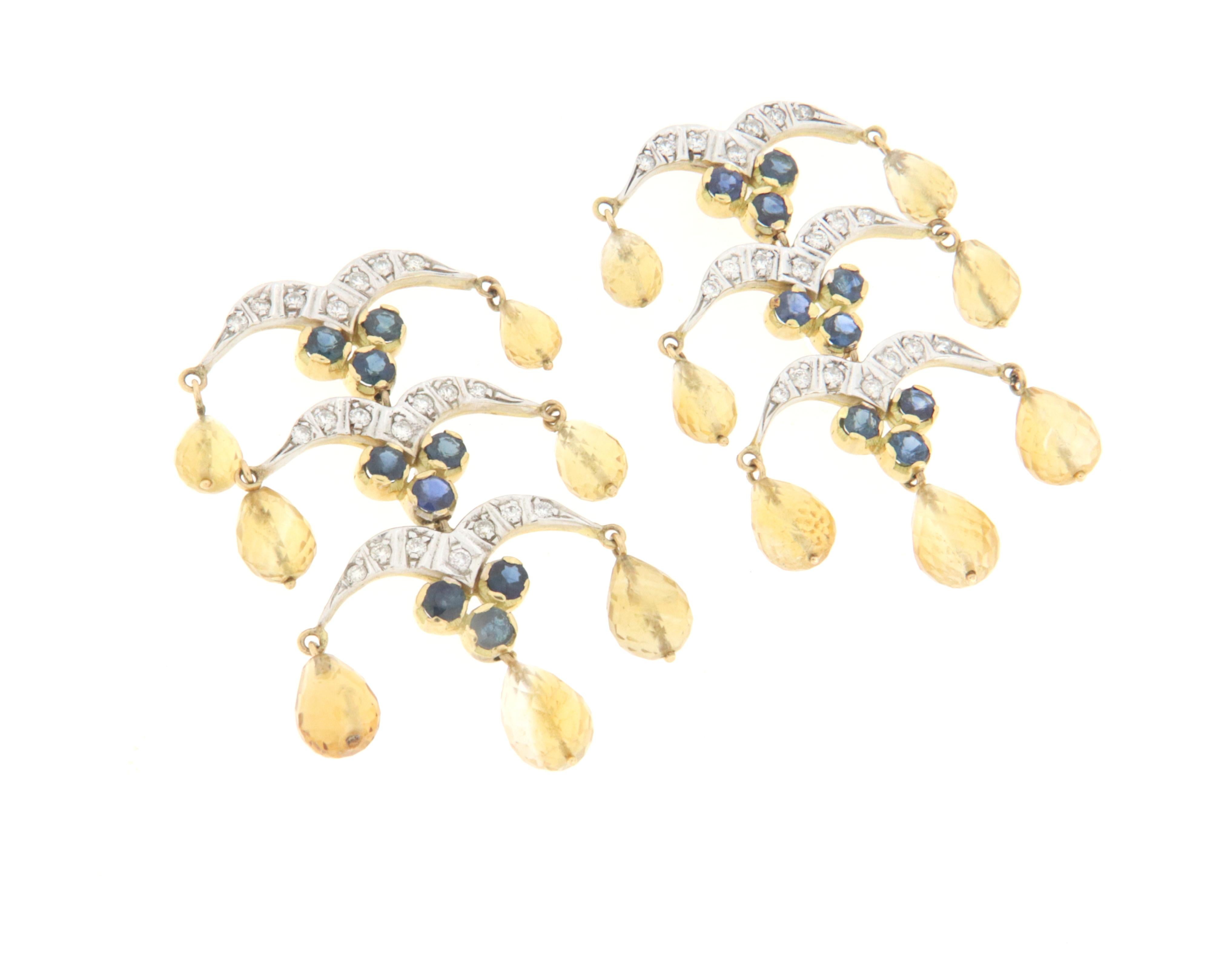 Artisan Sapphires Citrine Diamonds 18 Karat Yellow Gold Drop Earrings  For Sale
