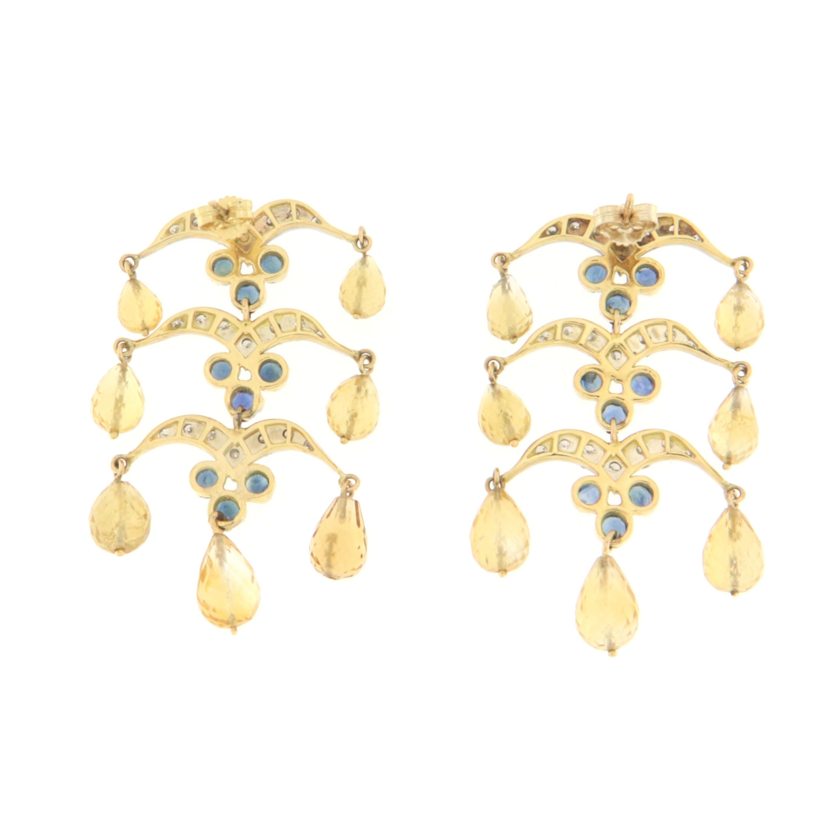 Brilliant Cut Sapphires Citrine Diamonds 18 Karat Yellow Gold Drop Earrings  For Sale