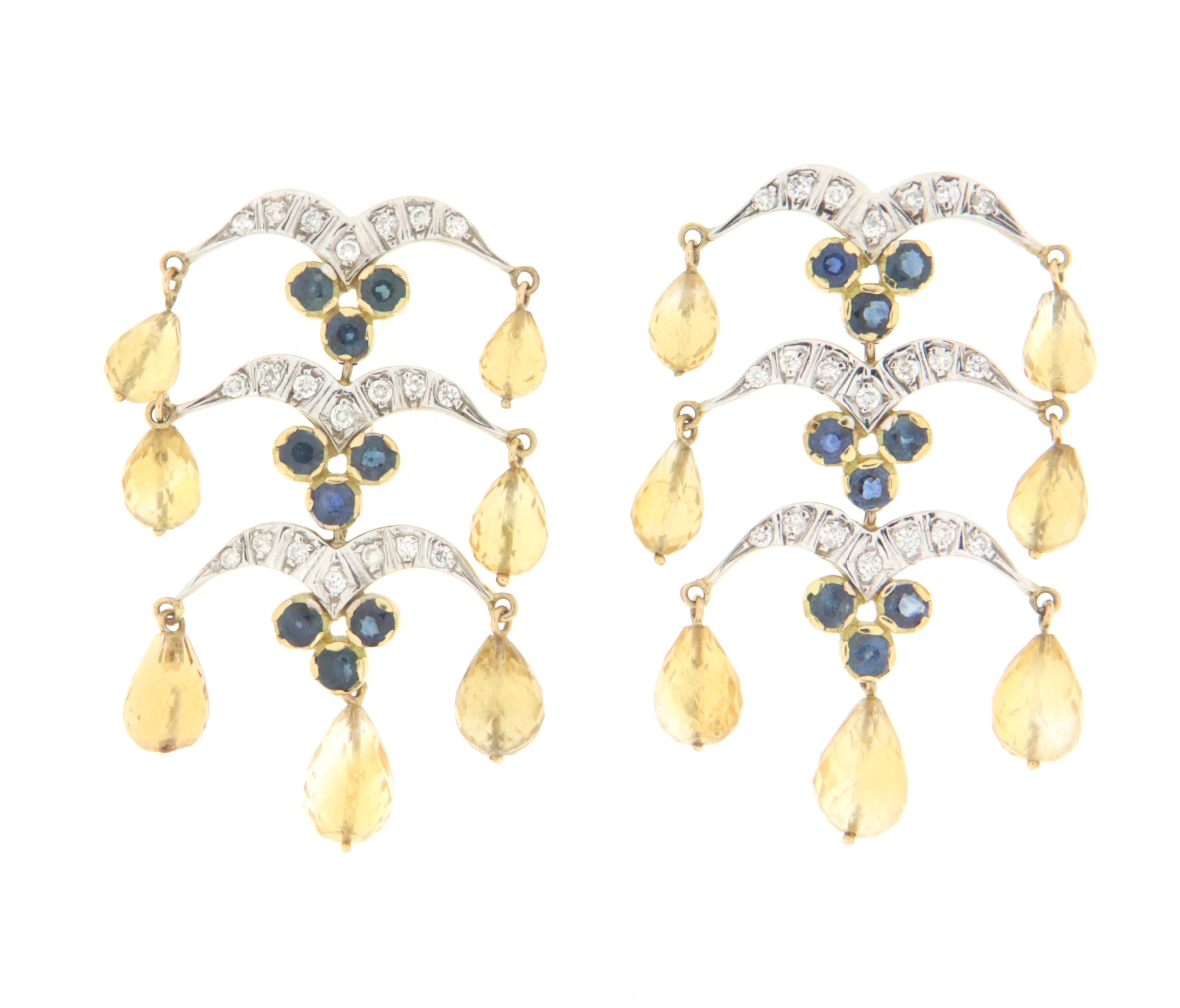 Sapphires Citrine Diamonds 18 Karat Yellow Gold Drop Earrings  In New Condition For Sale In Marcianise, IT
