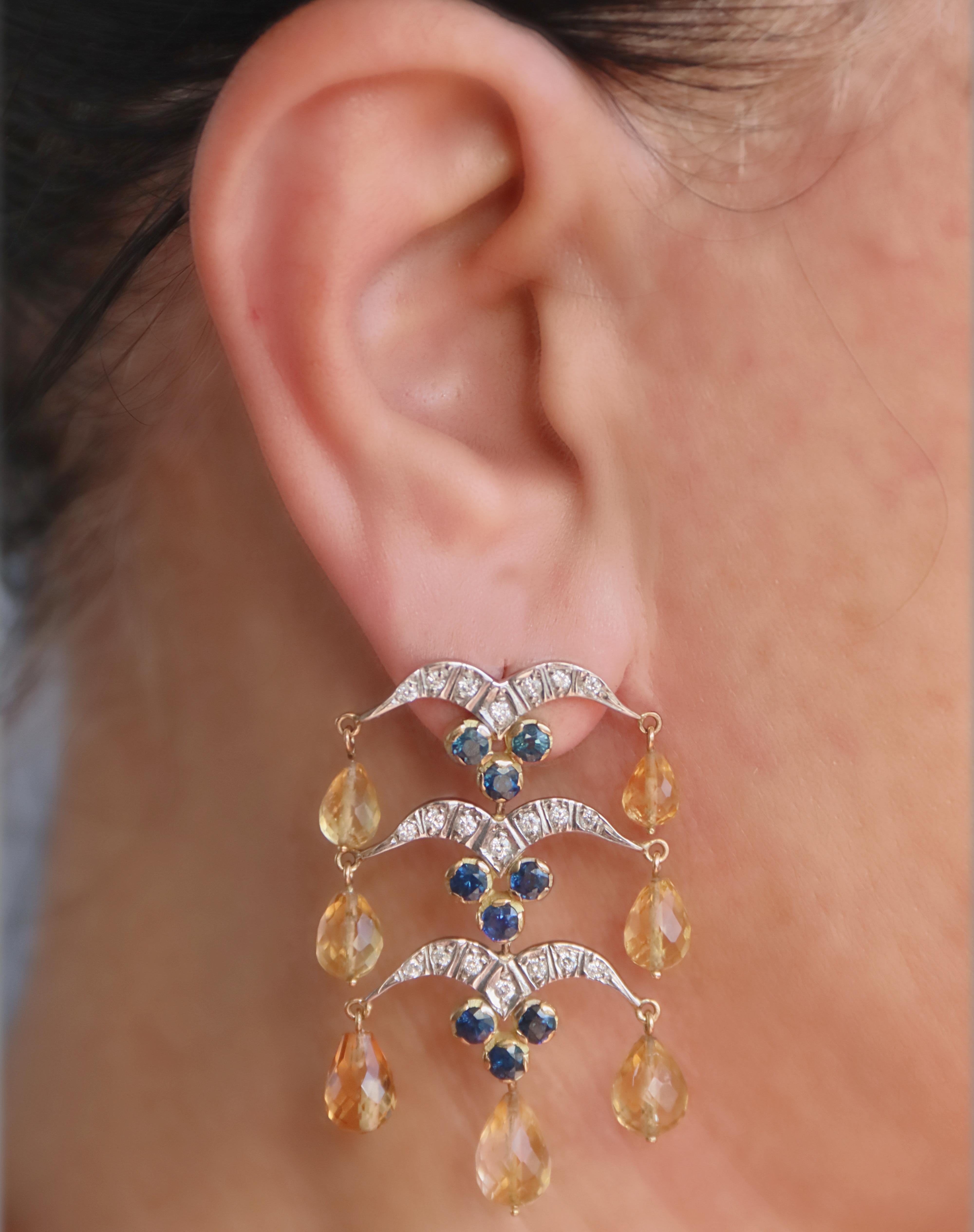 Sapphires Citrine Diamonds 18 Karat Yellow Gold Drop Earrings  For Sale 1