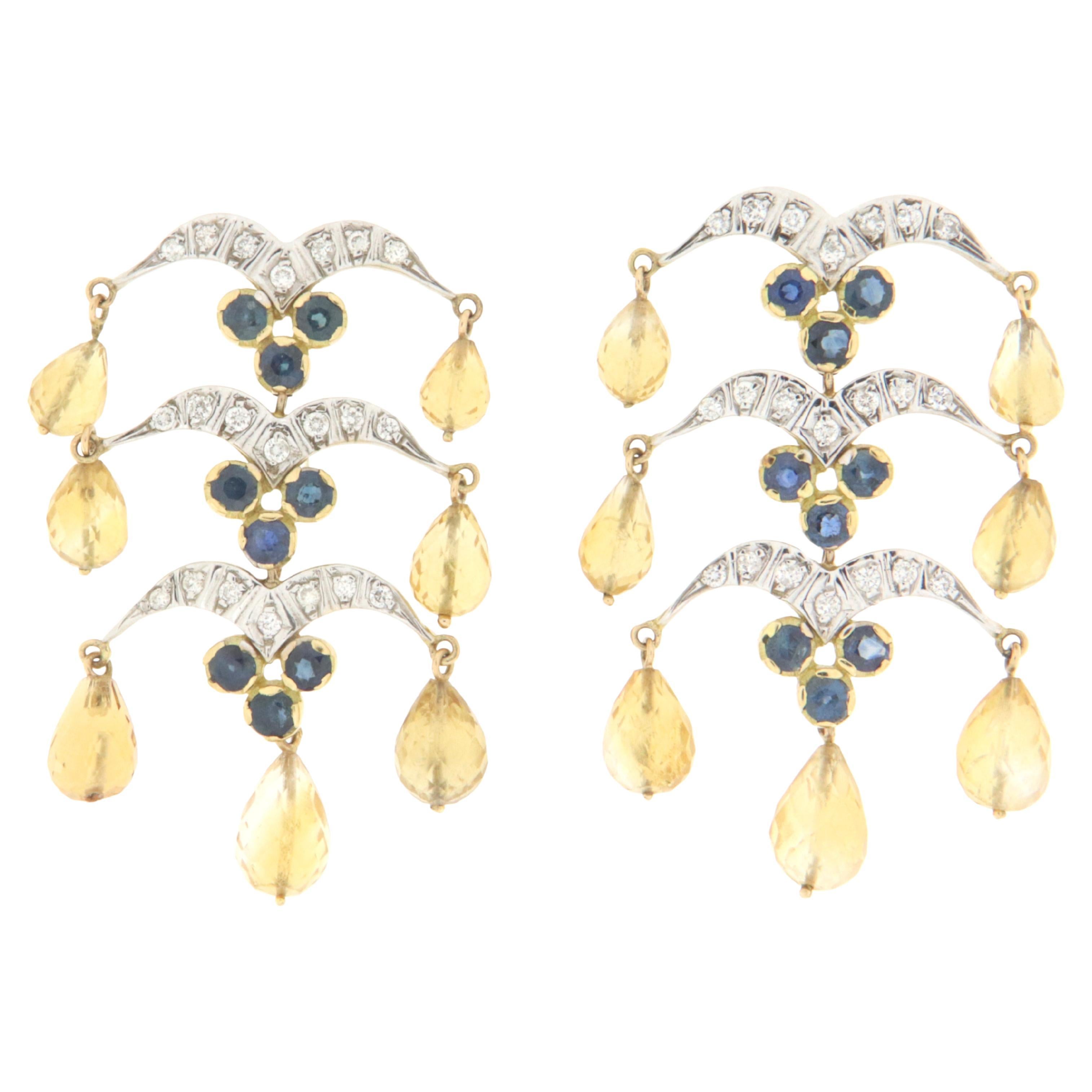 Boucles d'oreilles pendantes en or jaune 18 carats saphirs citrine diamants 