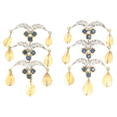 Boucles d'oreilles pendantes en or jaune 18 carats saphirs citrine diamants 