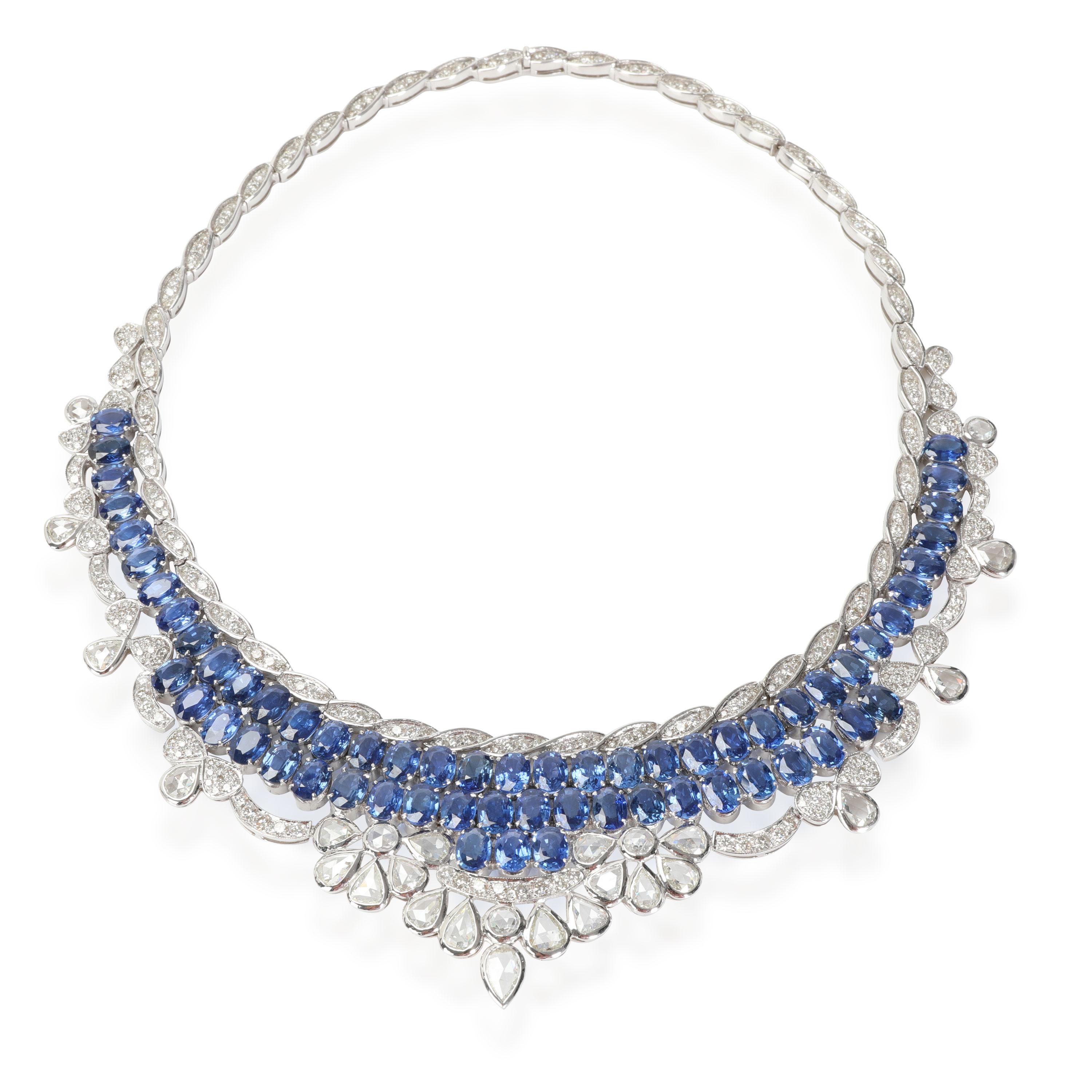 Oval Cut Sapphires & Diamond Bib Style Statement Necklace 18K White Gold 65.78 Ctw