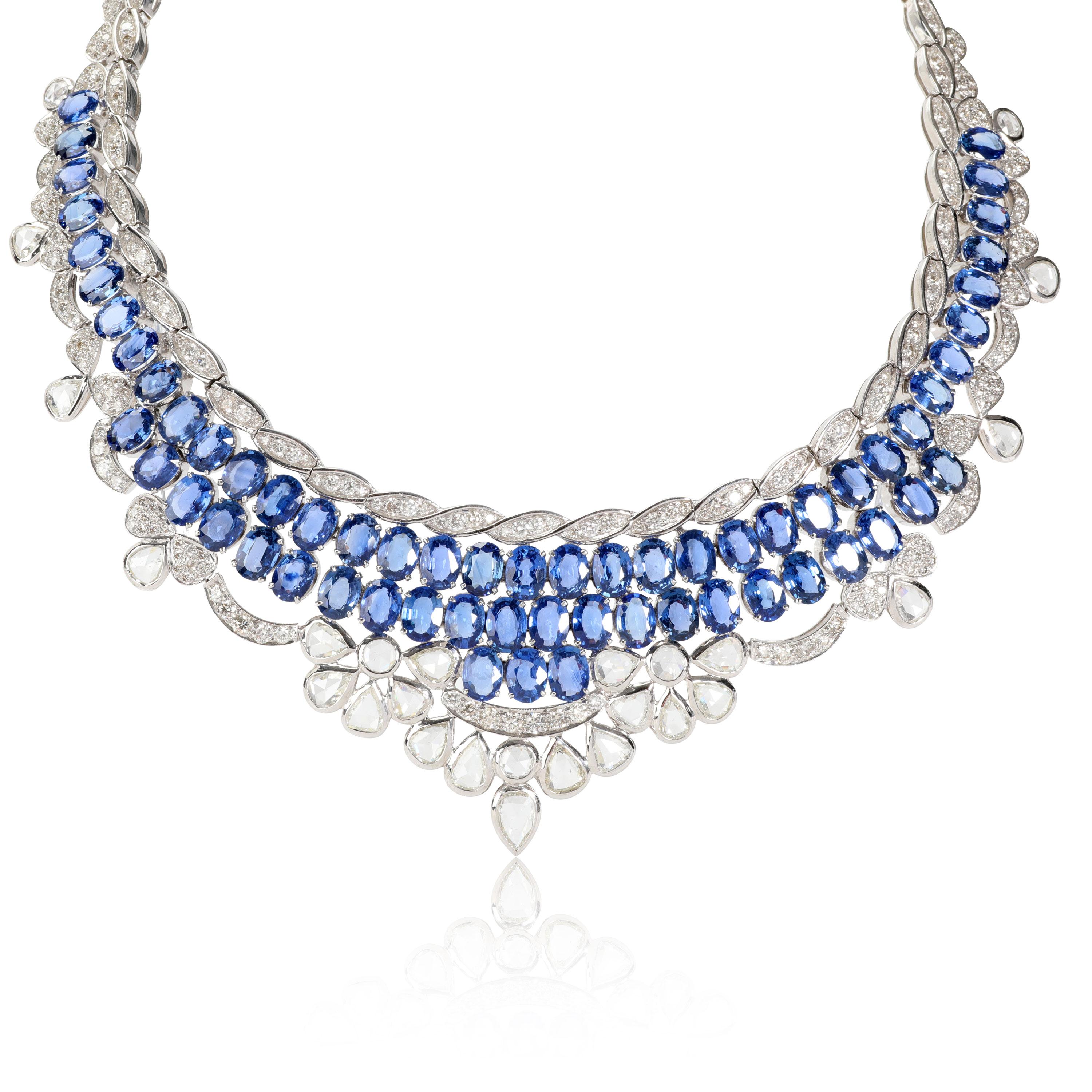 Sapphires & Diamond Bib Style Statement Necklace 18K White Gold 65.78 Ctw In New Condition In New York, NY