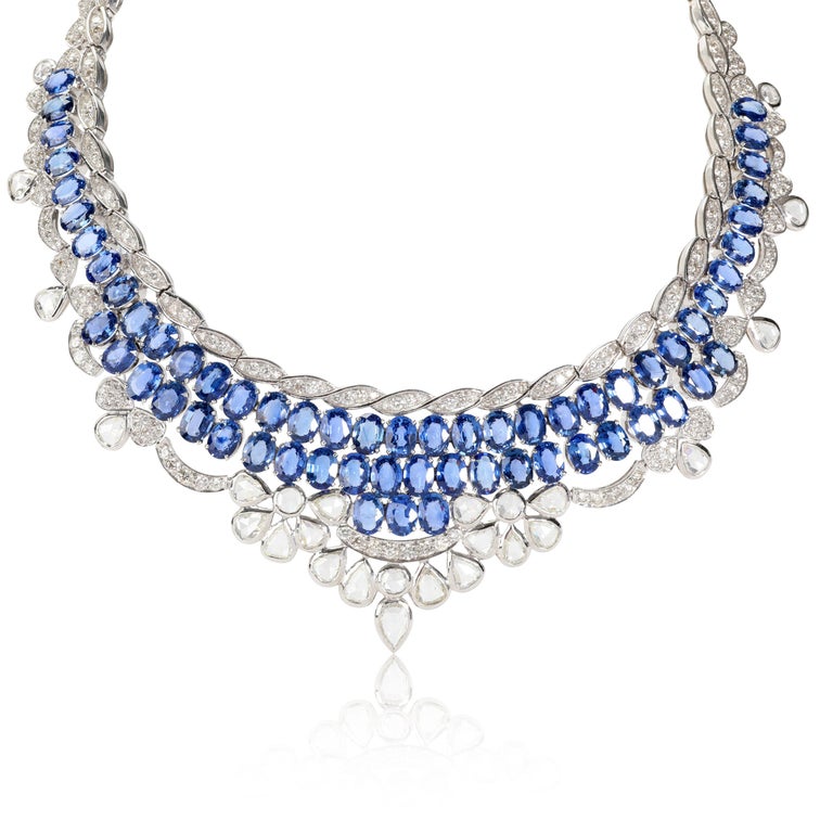 Sapphires and Diamond Bib Style Statement Necklace 18K White Gold 65.78 ...