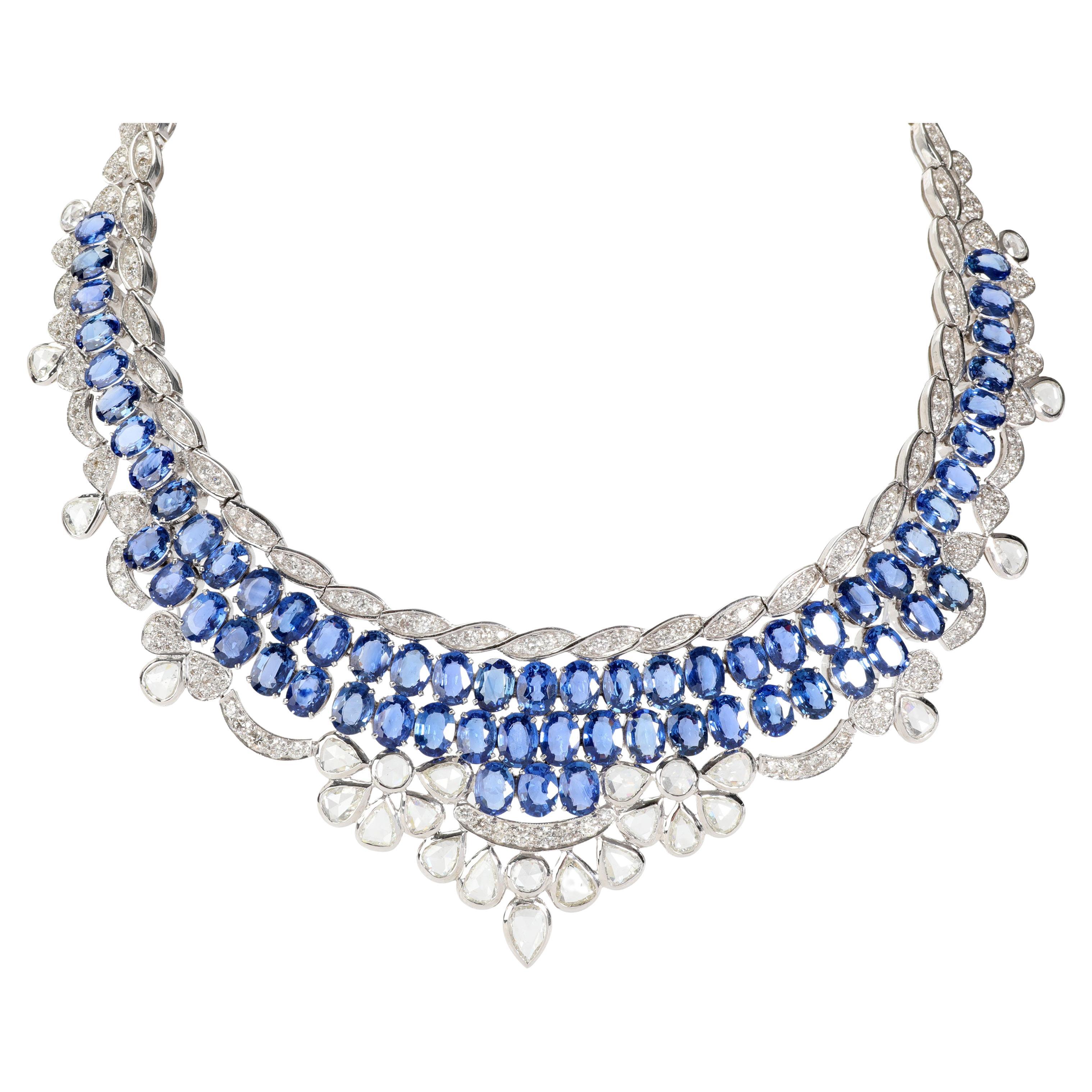 Sapphires & Diamond Bib Style Statement Necklace 18K White Gold 65.78 Ctw