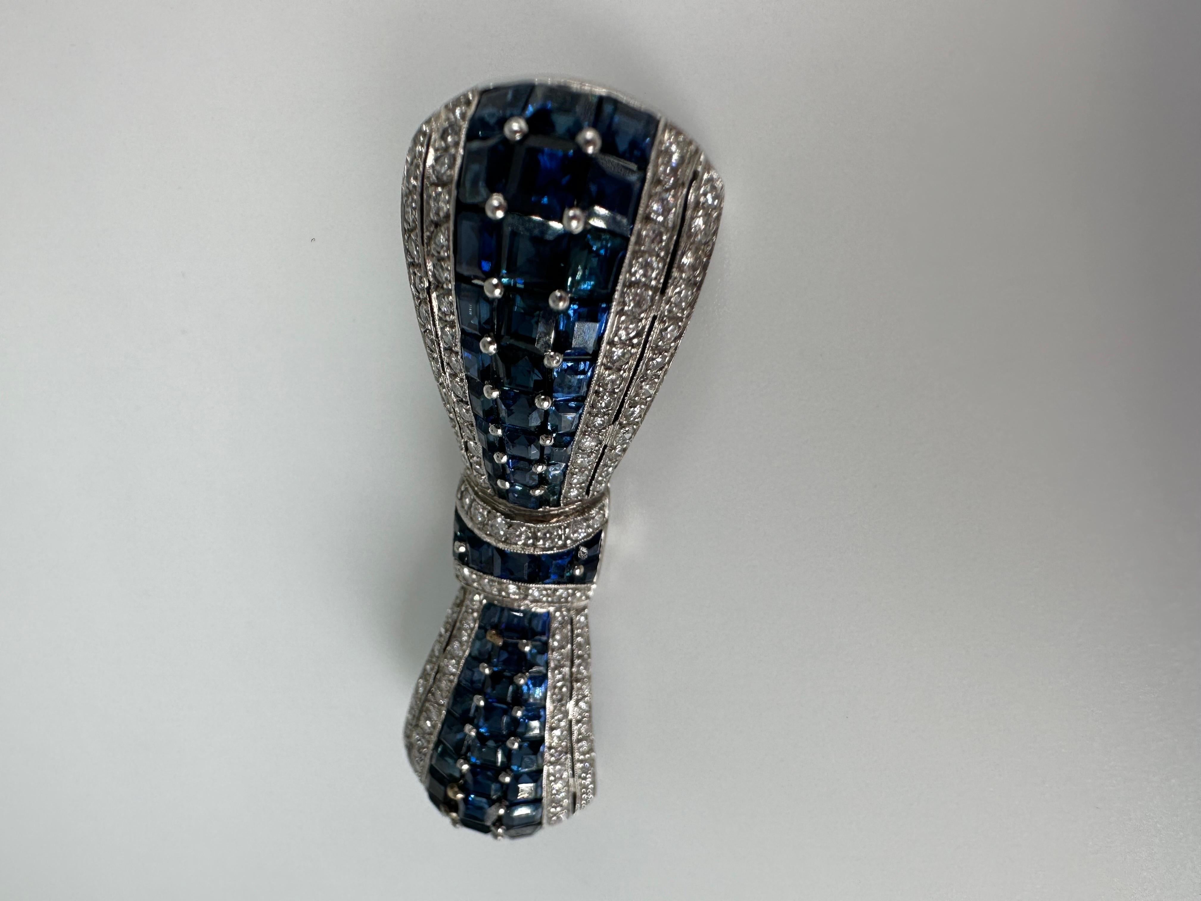 Square Cut Sapphires Diamond Brooch 18 Karat White Gold Bow Design Brooch For Sale