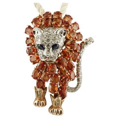 Sapphires, Diamonds, 14 Karat Rose and White Gold Lion Brooch