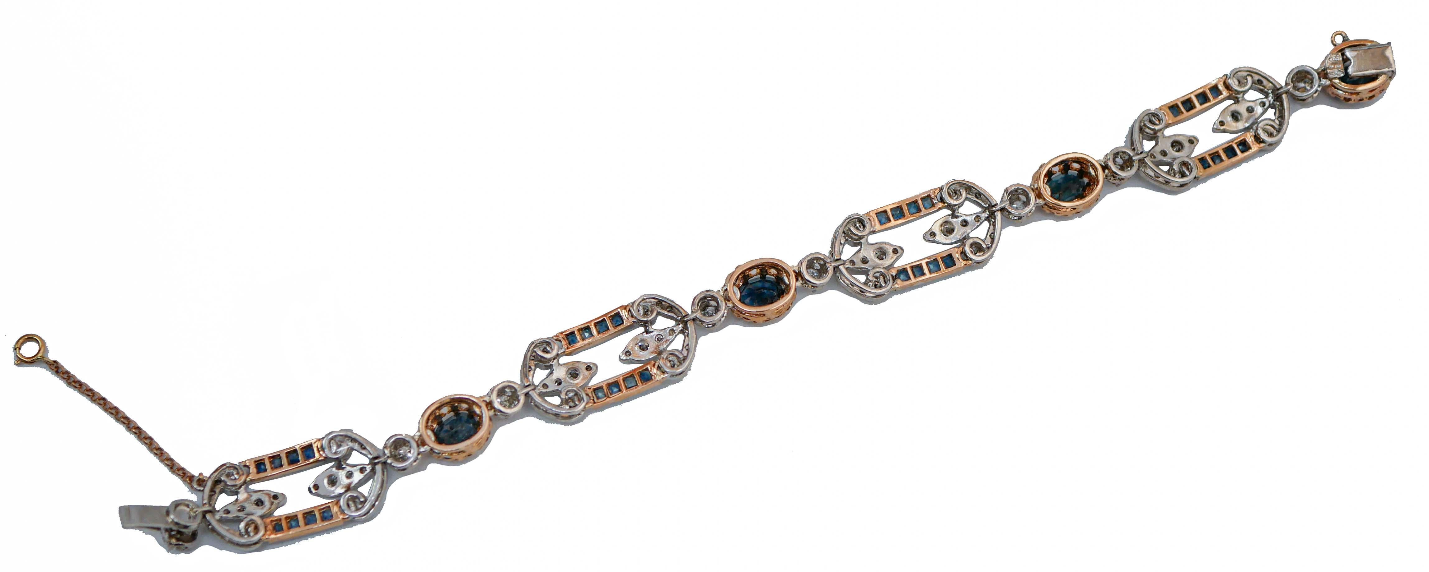 Retro Sapphires, Diamonds, 14 Karat Rose Gold and Silver Bracelet. For Sale