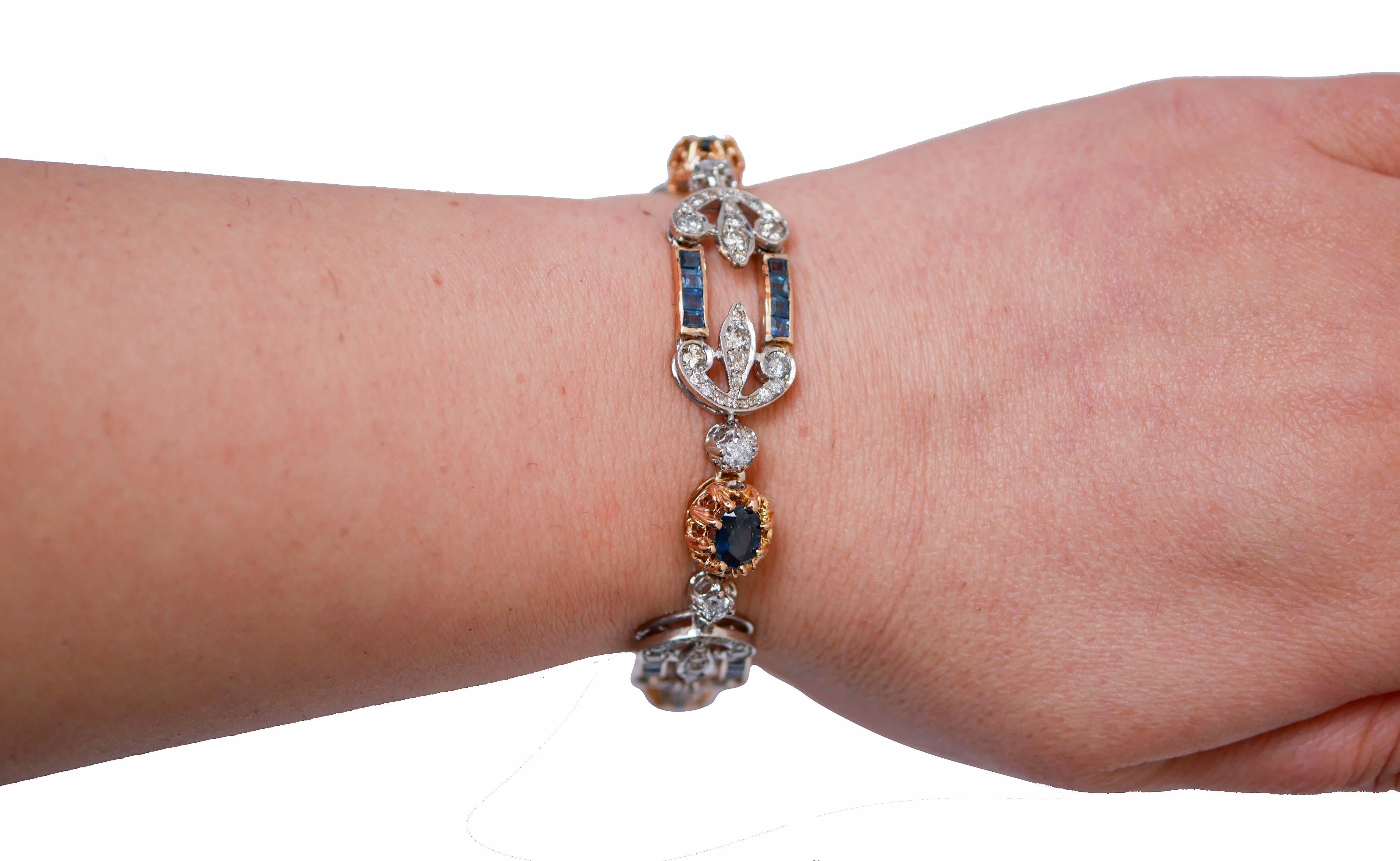 Armband aus 14 Karat Roségold mit Saphiren, Diamanten und Silber. (Gemischter Schliff) im Angebot