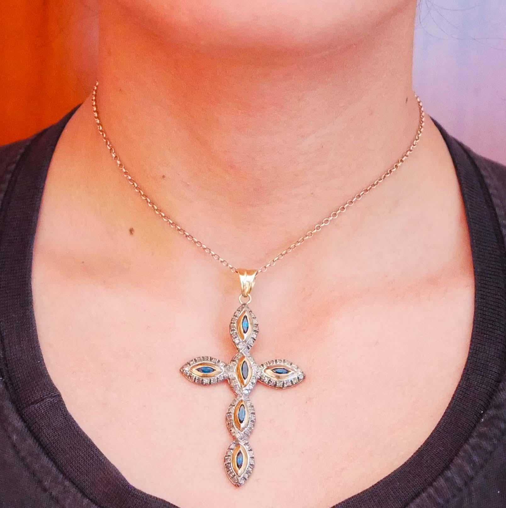 Anhänger aus 14 Karat Roségold mit Saphiren, Diamanten und Silber. im Zustand „Gut“ im Angebot in Marcianise, Marcianise (CE)