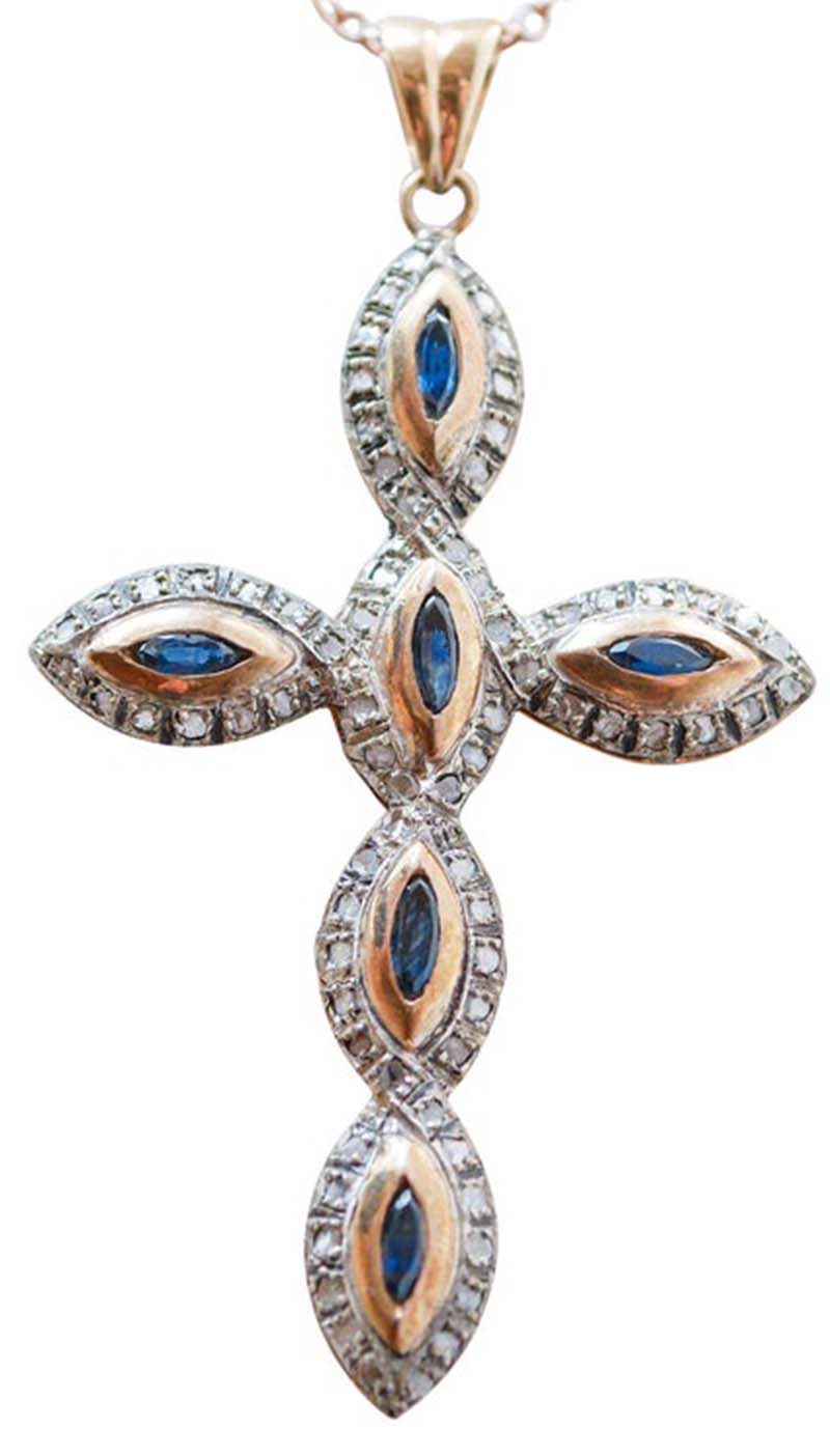 Sapphires, Diamonds, 14 Karat Rose Gold And Silver Pendant. For Sale