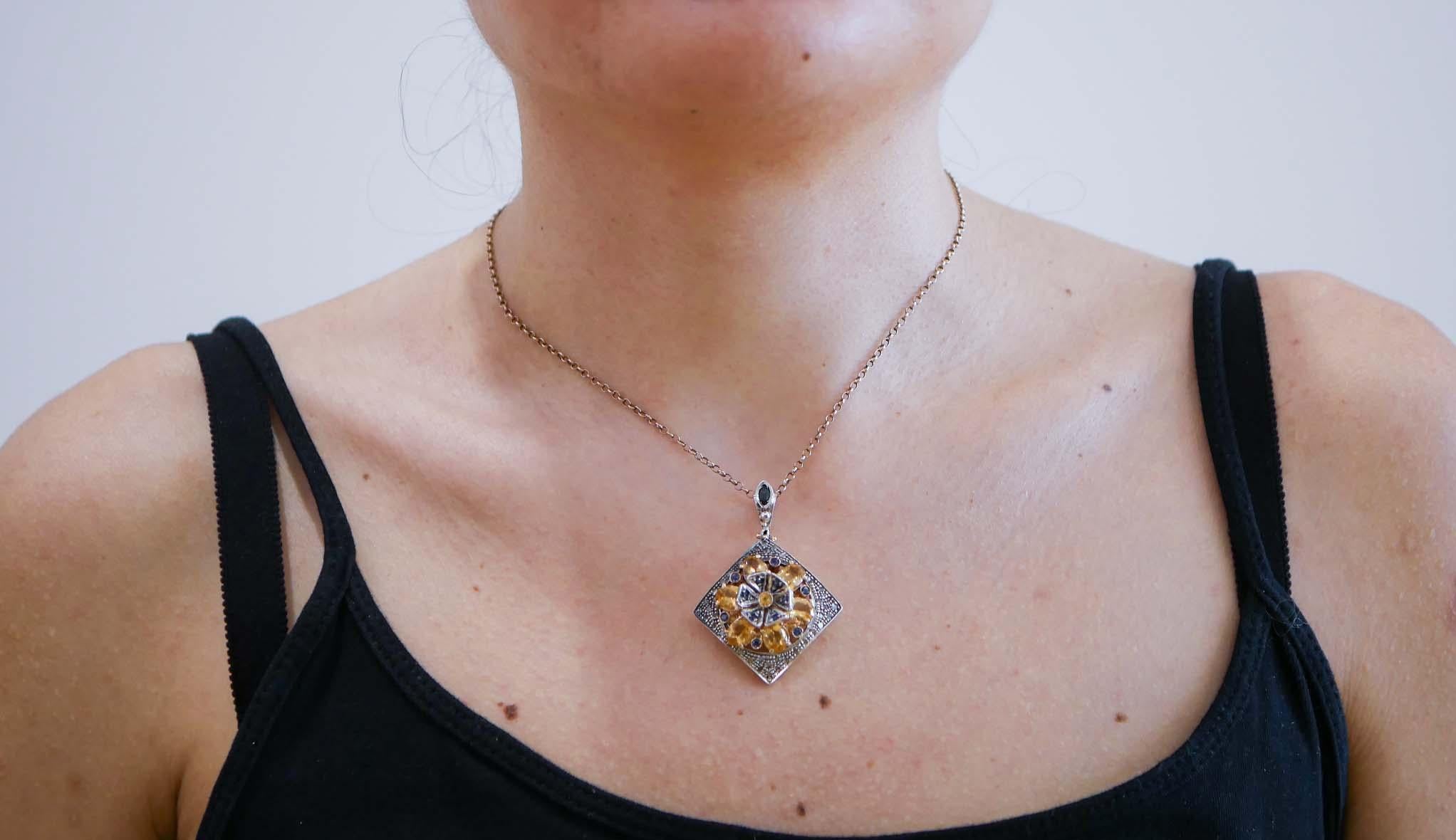 Saphirs, diamants, collier à pendentifs en or rose 14 carats et en argent. Bon état - En vente à Marcianise, Marcianise (CE)
