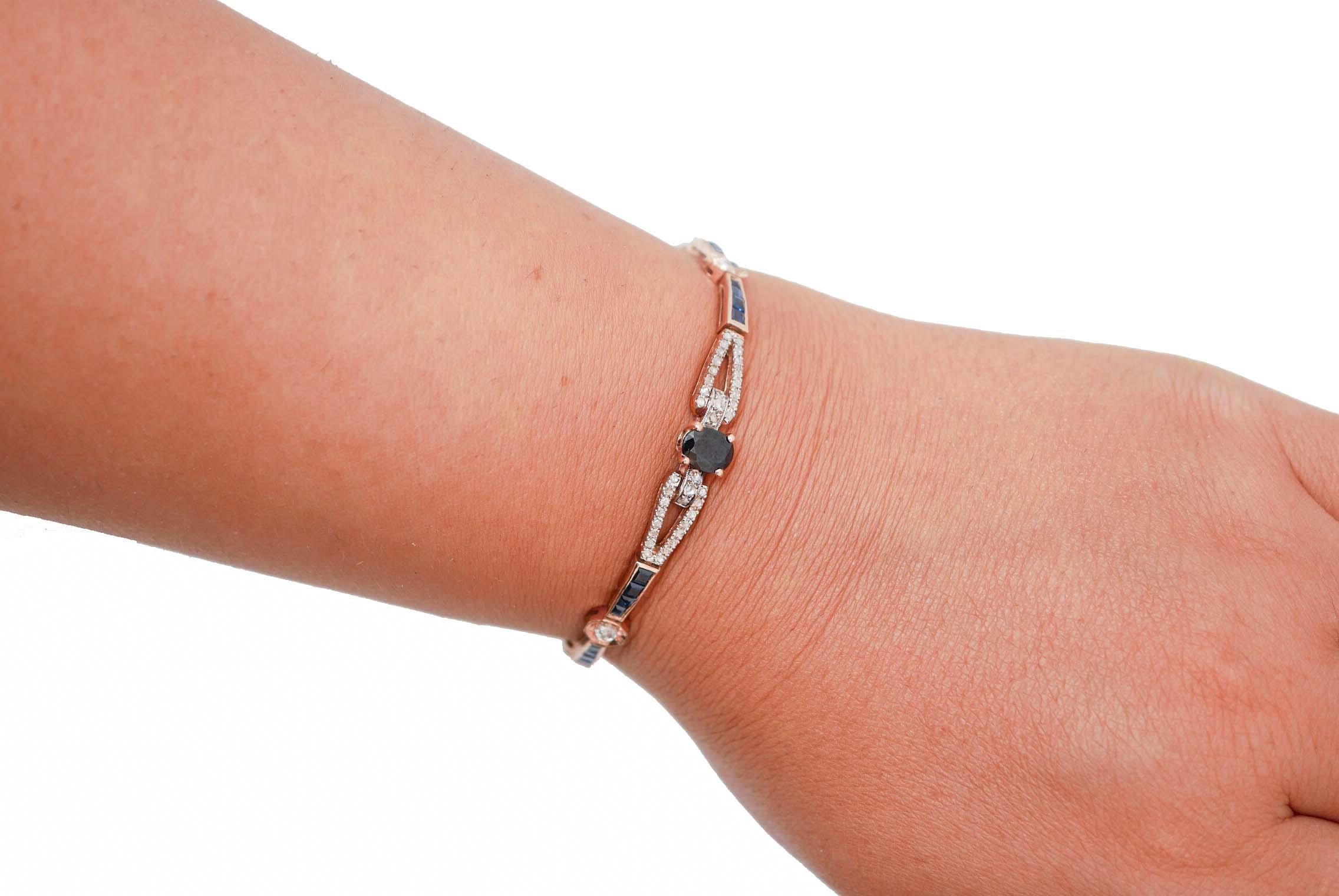 Zafiros, diamantes, oro rosa de 14 quilates y pulsera Retrò de plata. Corte mixto en venta