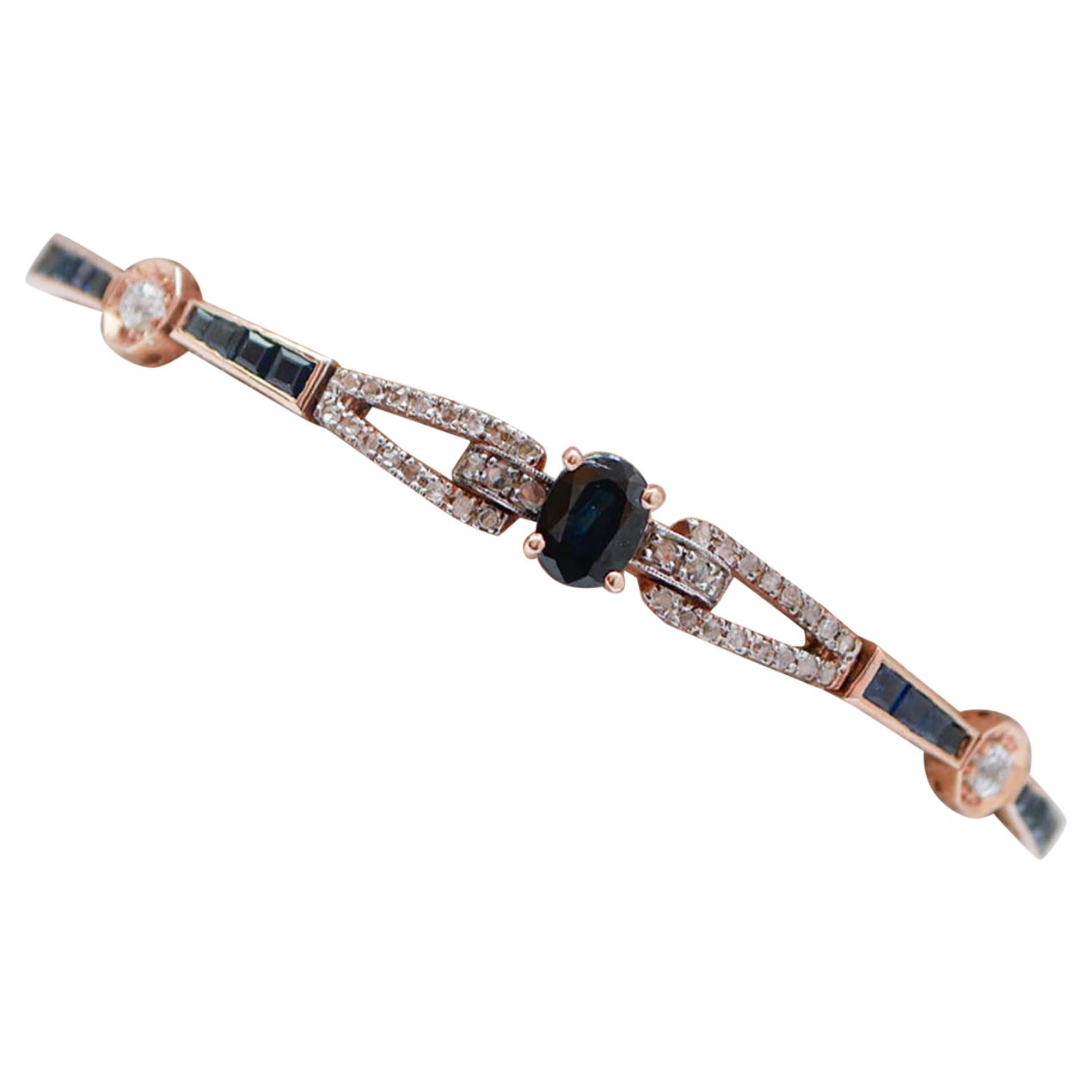 Saphire, Diamanten, Retrò-Armband aus 14 Karat Roségold und Silber.
