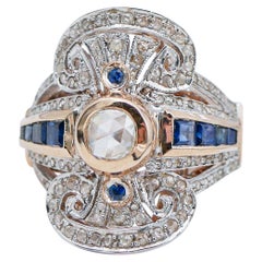Saphirs, diamants, bague Retrò en or rose 14 carats et argent
