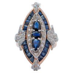 Sapphires, Diamonds, 14 Karat Rose Gold and Silver Ring.