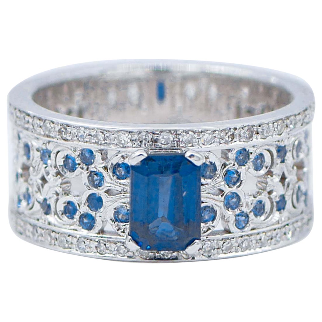 Sapphires, Diamonds, 14 Karat White Gold Ring For Sale