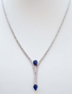 Sapphires, Diamonds, 14 Karat White Gold Tennis Necklace